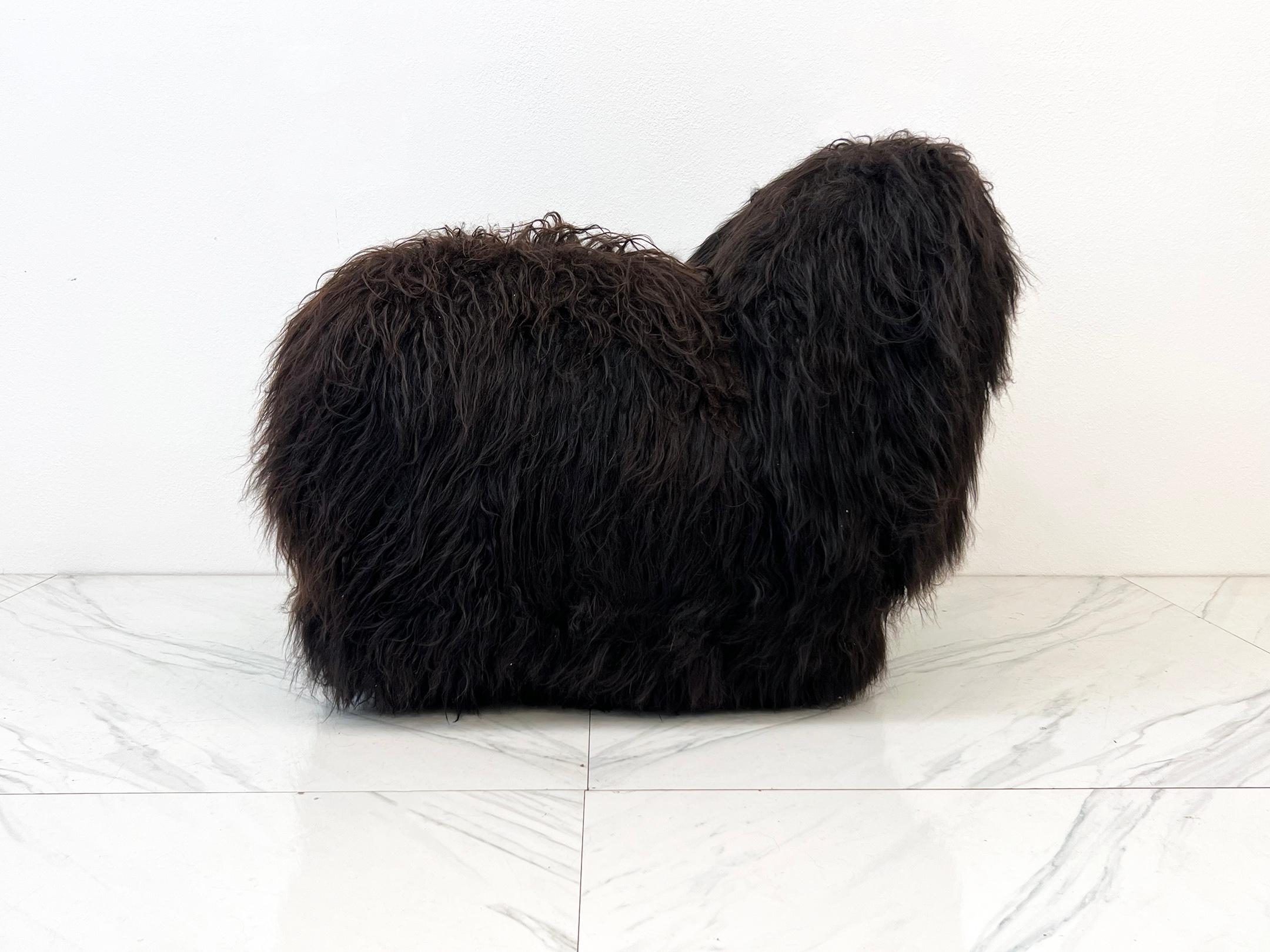 1970's Long Haired Black Icelandic Sheepskin Scandinavian Lounge Chair 1