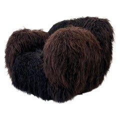 1970's Long Haired Black Icelandic Sheepskin Scandinavian Lounge Chair