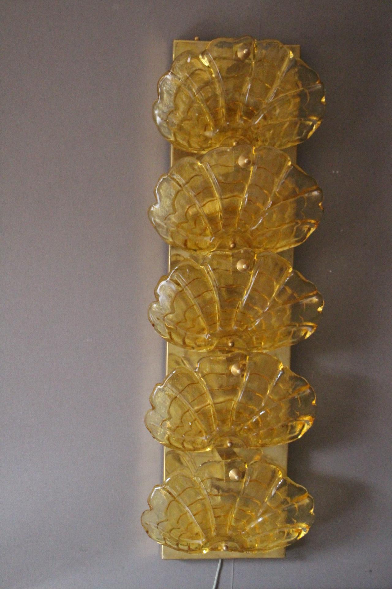 Italian Long Pair of Sconces in Yellow Murano Glass and Brass