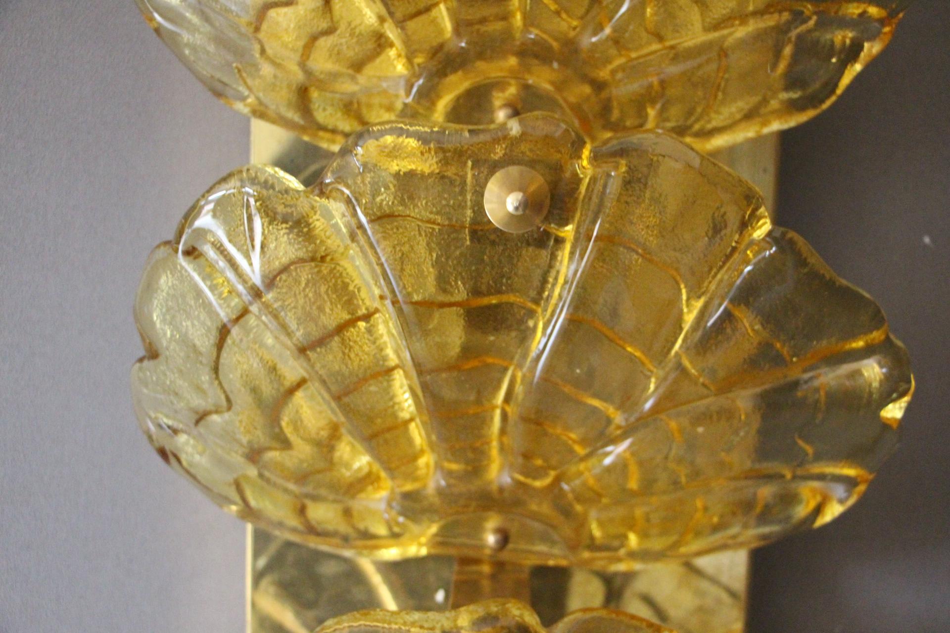 Contemporary Long Pair of Sconces in Yellow Murano Glass and Brass