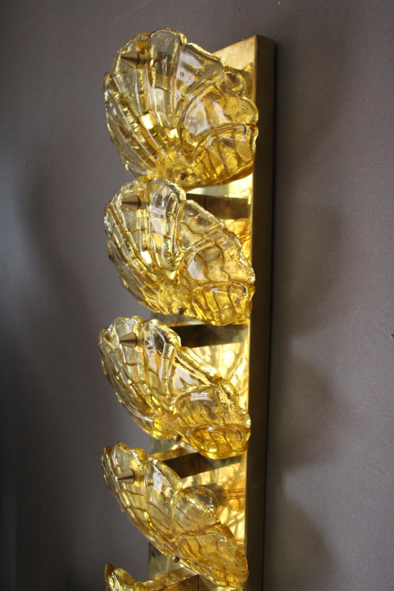 Long Pair of Sconces in Yellow Murano Glass and Brass 1