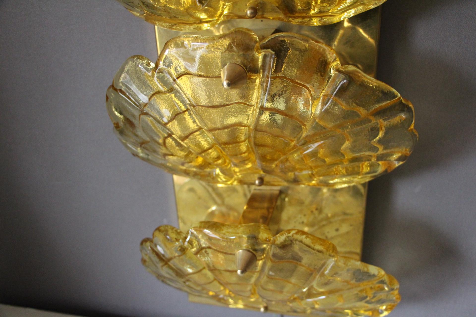 Long Pair of Sconces in Yellow Murano Glass and Brass 2