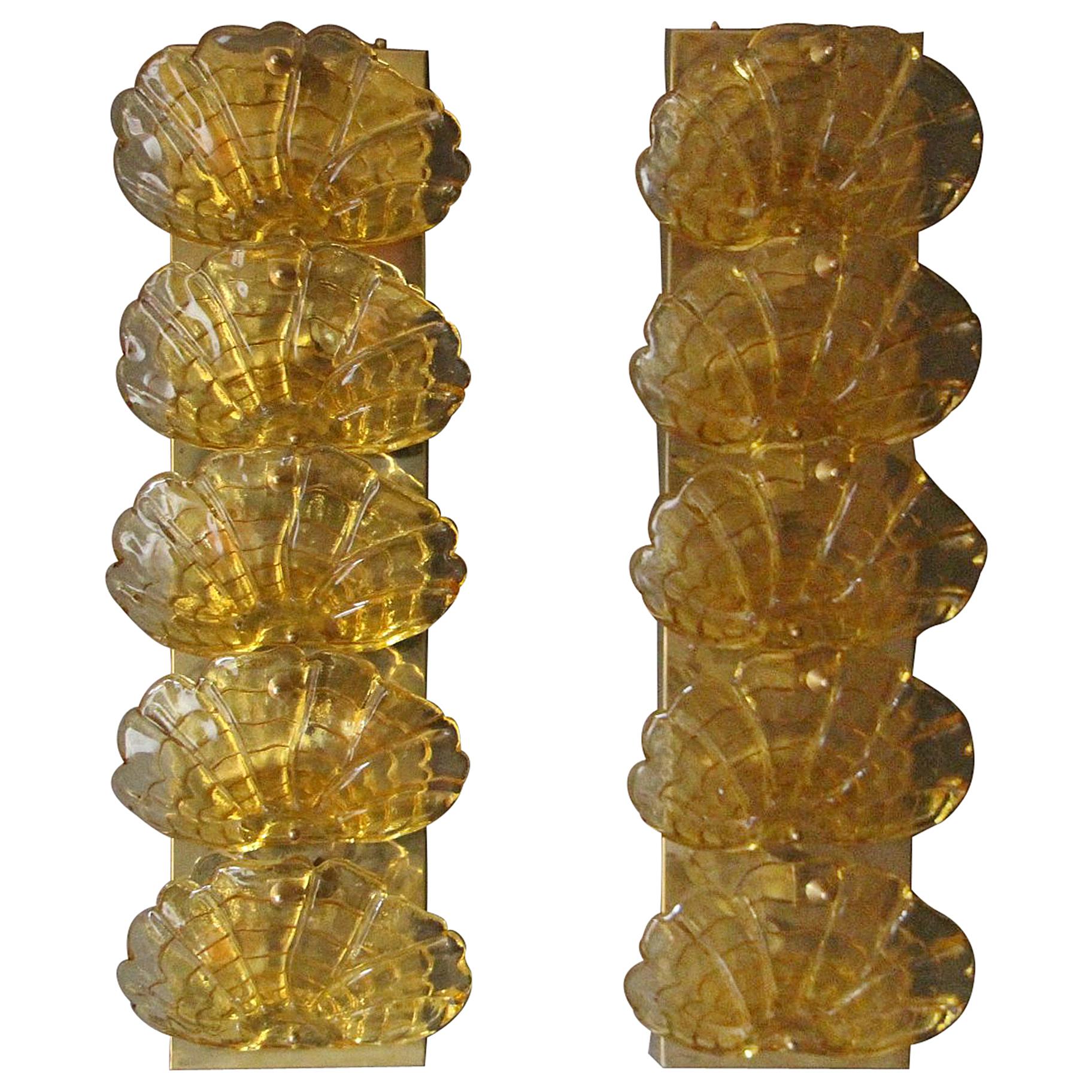 Long Pair of Sconces in Yellow Murano Glass and Brass