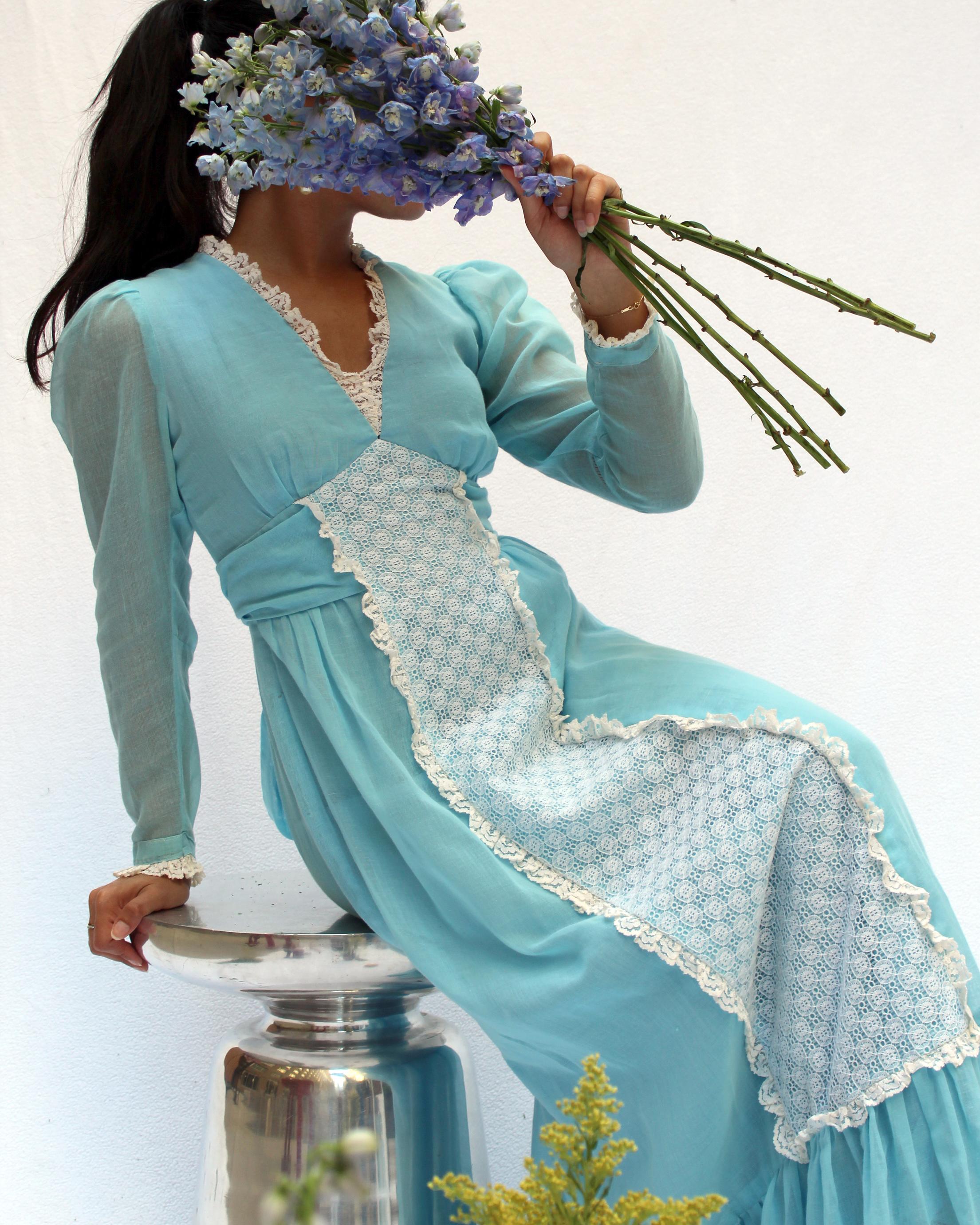 Women's 1970s Long Sleeve Empire Waist Maxidress For Sale