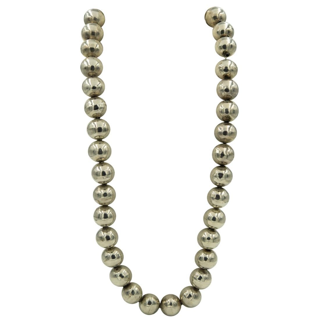1970s Long Sterling Silver Ball Bead Necklace For Sale