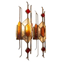 1970s Longobard design Wrought Iron & Color Glass Italian Wall Sconces by