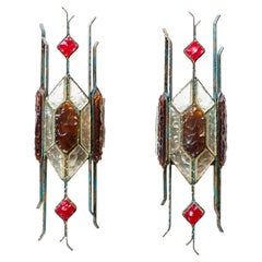 1970s Longobard design Wrought Iron & Color Glass Italian Wall Sconces by