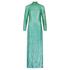 1970er Lord & Taylor Grünes schillerndes Pailletten-Maxikleid