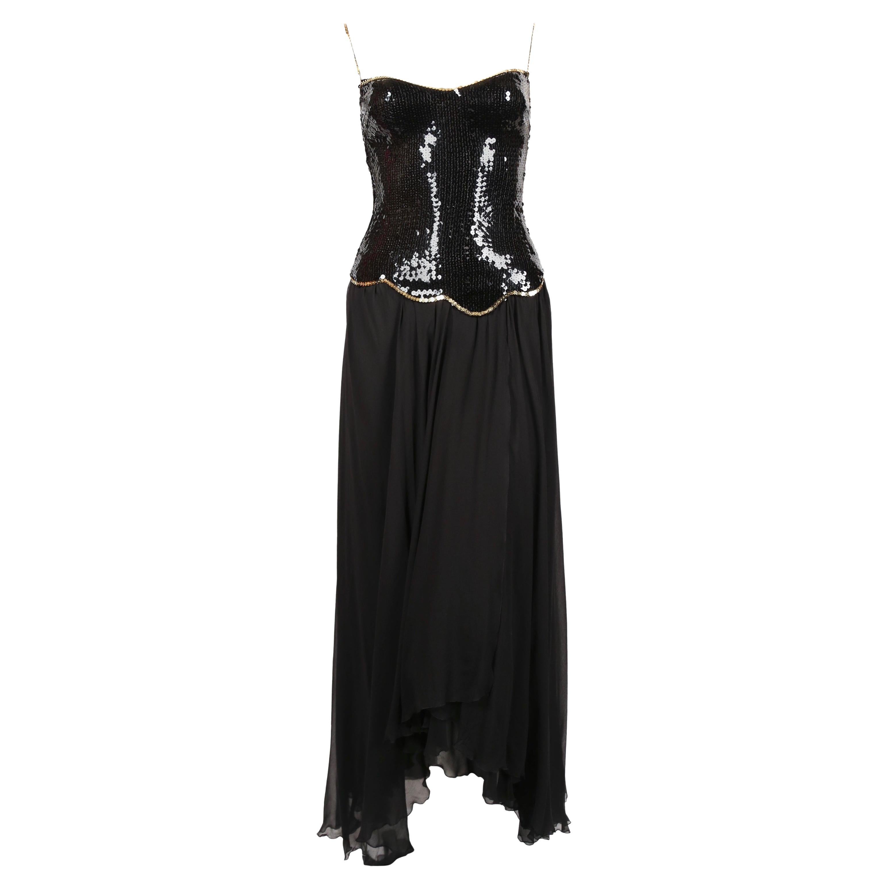 Vestido asimétrico LORIS AZZARO de los años 70 con corpiño de lentejuelas Negro en venta