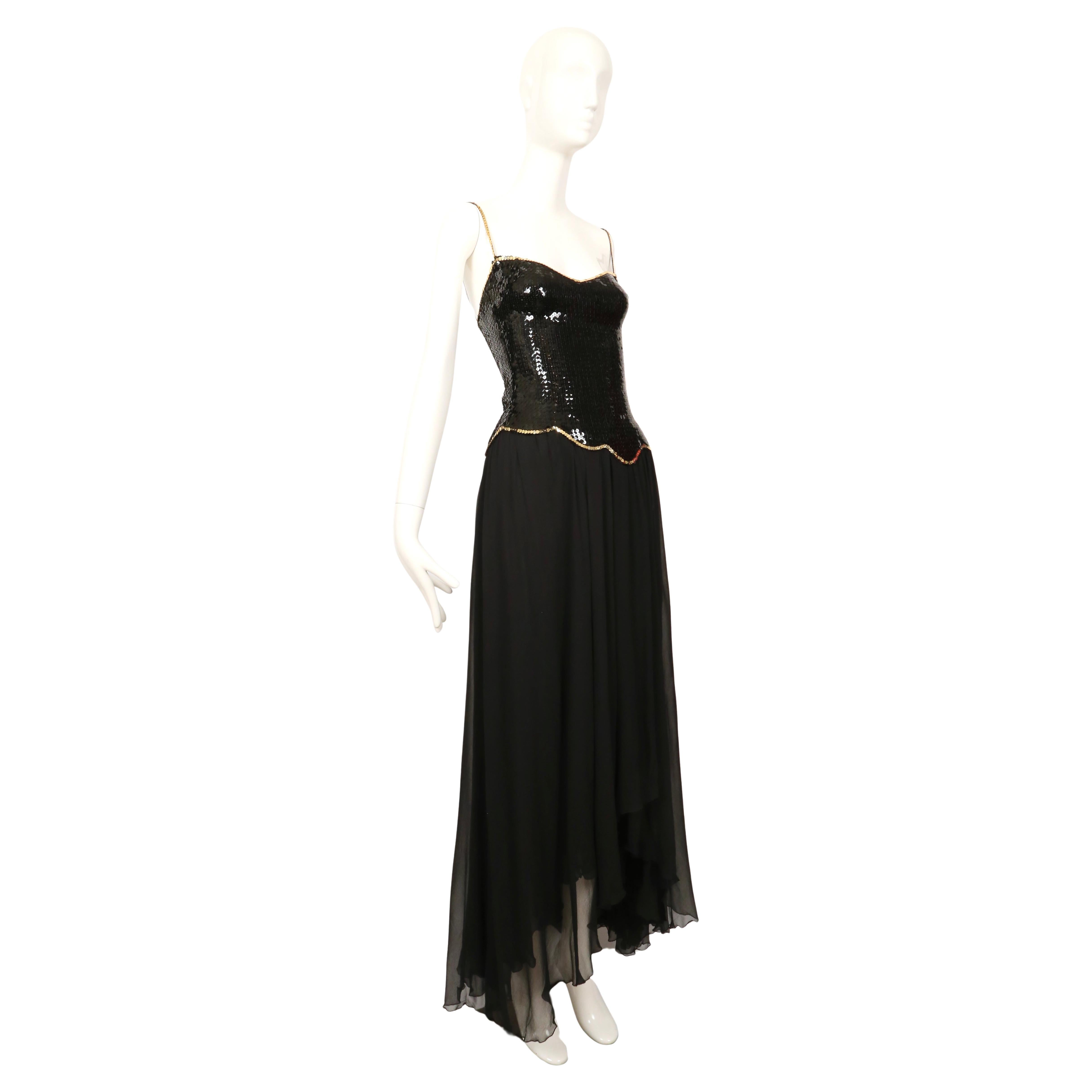 Vestido asimétrico LORIS AZZARO de los años 70 con corpiño de lentejuelas en venta 1