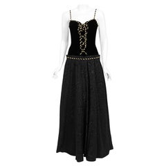 1970s Loris Azzaro Couture Black Metallic Gold Silk & Velvet Lace-Up Corset Gown