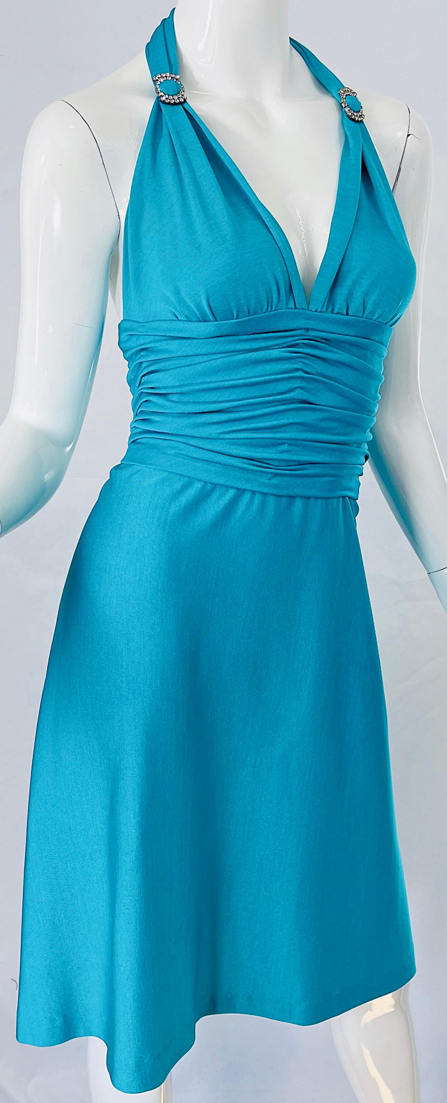 1970s Loris Azzaro Couture Turquoise Blue Silk Jersey Rhinestone Vintage Dress For Sale 5