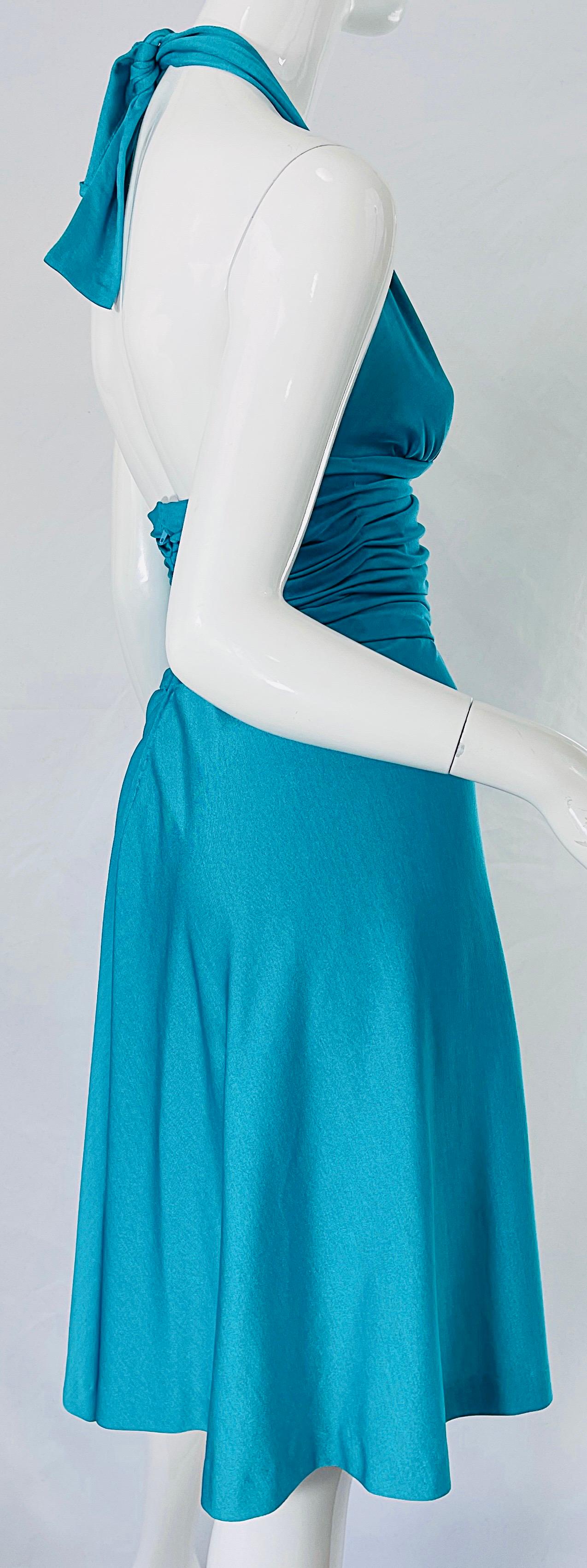 1970s Loris Azzaro Couture Turquoise Blue Silk Jersey Rhinestone Vintage Dress For Sale 6