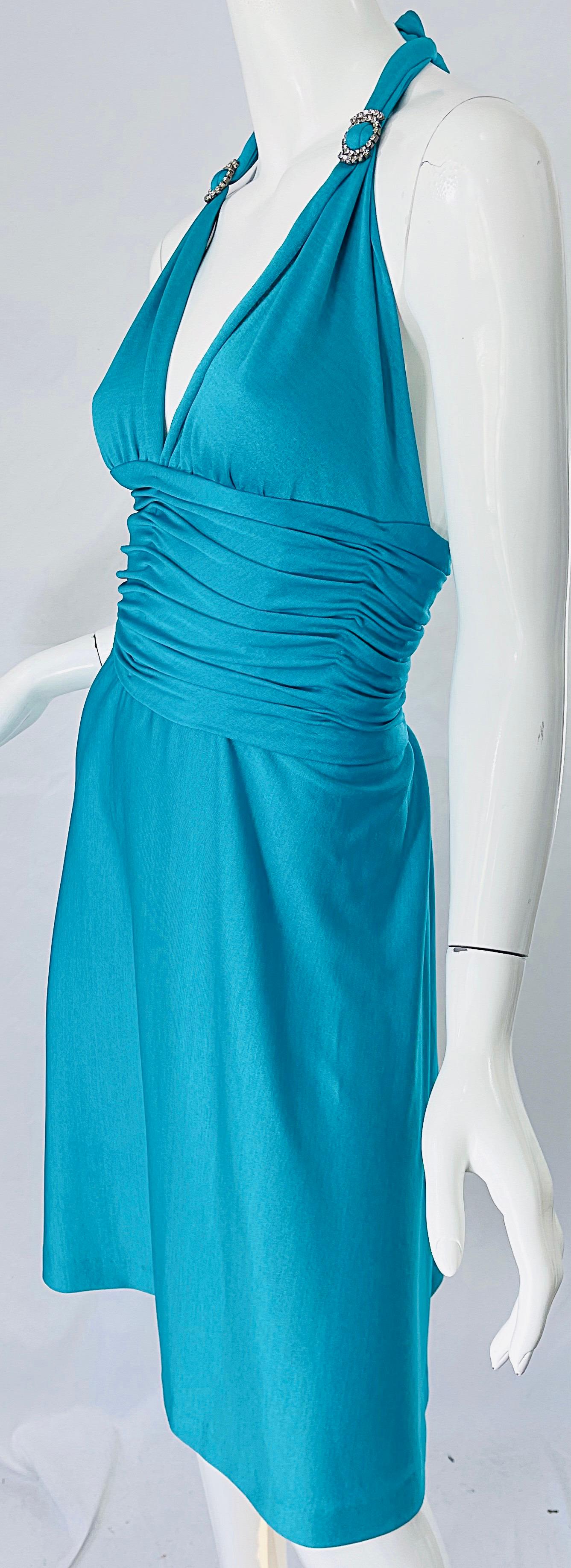 1970s Loris Azzaro Couture Turquoise Blue Silk Jersey Rhinestone Vintage Dress For Sale 7