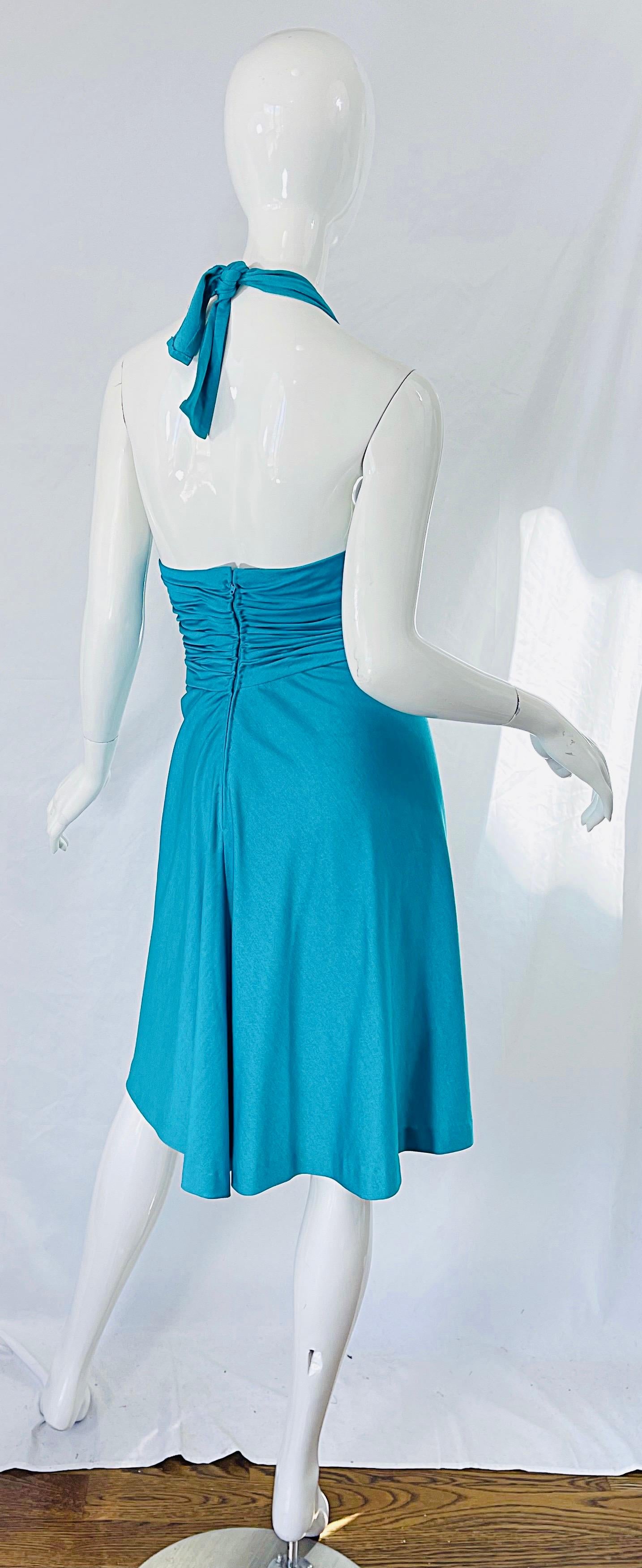 1970s Loris Azzaro Couture Turquoise Blue Silk Jersey Rhinestone Vintage Dress For Sale 8