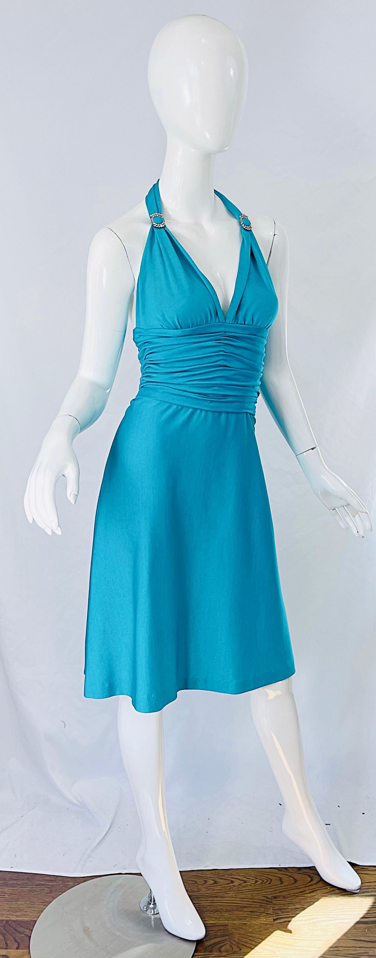 1970s Loris Azzaro Couture Turquoise Blue Silk Jersey Rhinestone Vintage Dress For Sale 9