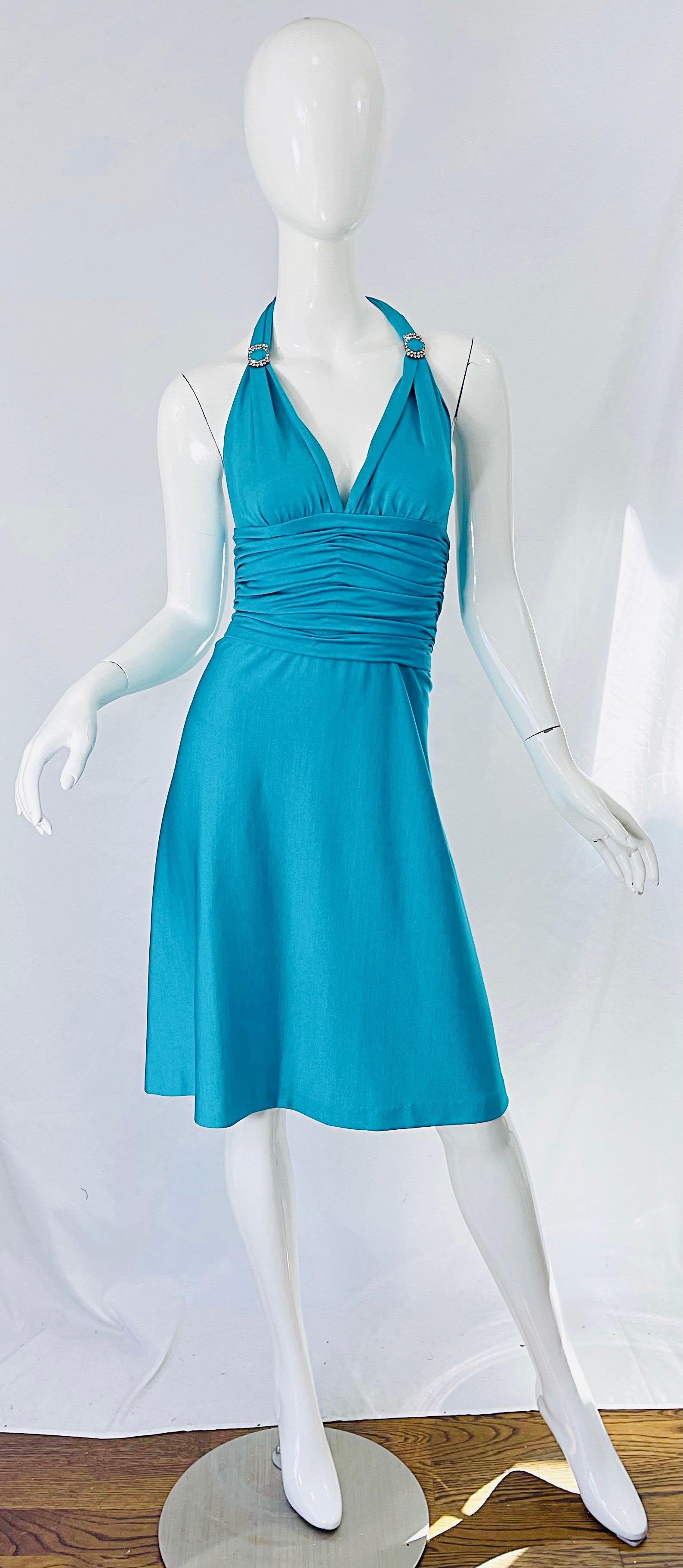 1970s Loris Azzaro Couture Turquoise Blue Silk Jersey Rhinestone Vintage Dress For Sale 10