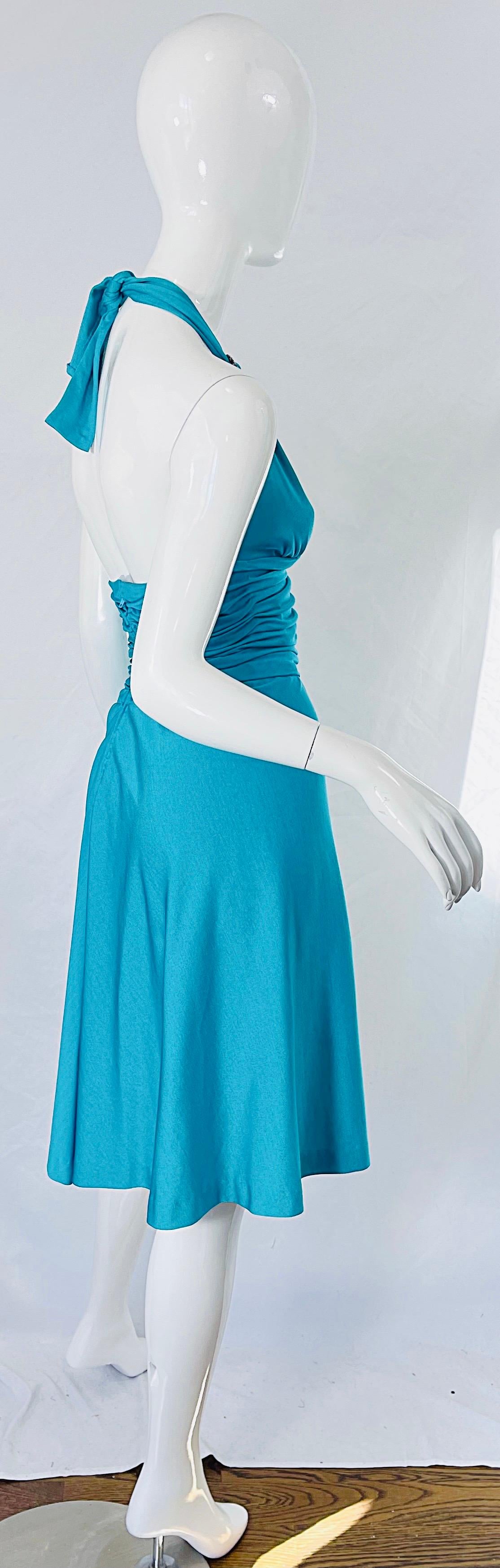 Women's 1970s Loris Azzaro Couture Turquoise Blue Silk Jersey Rhinestone Vintage Dress For Sale