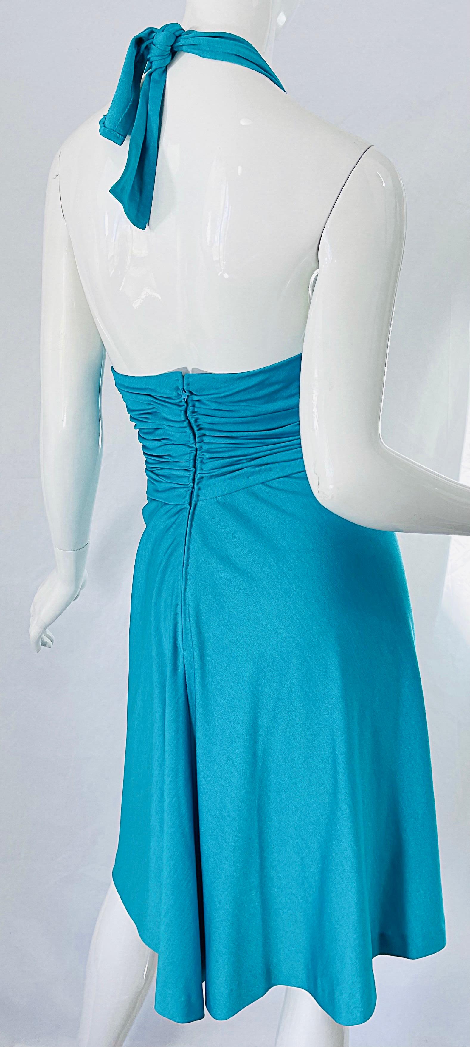 1970s Loris Azzaro Couture Turquoise Blue Silk Jersey Rhinestone Vintage Dress For Sale 3