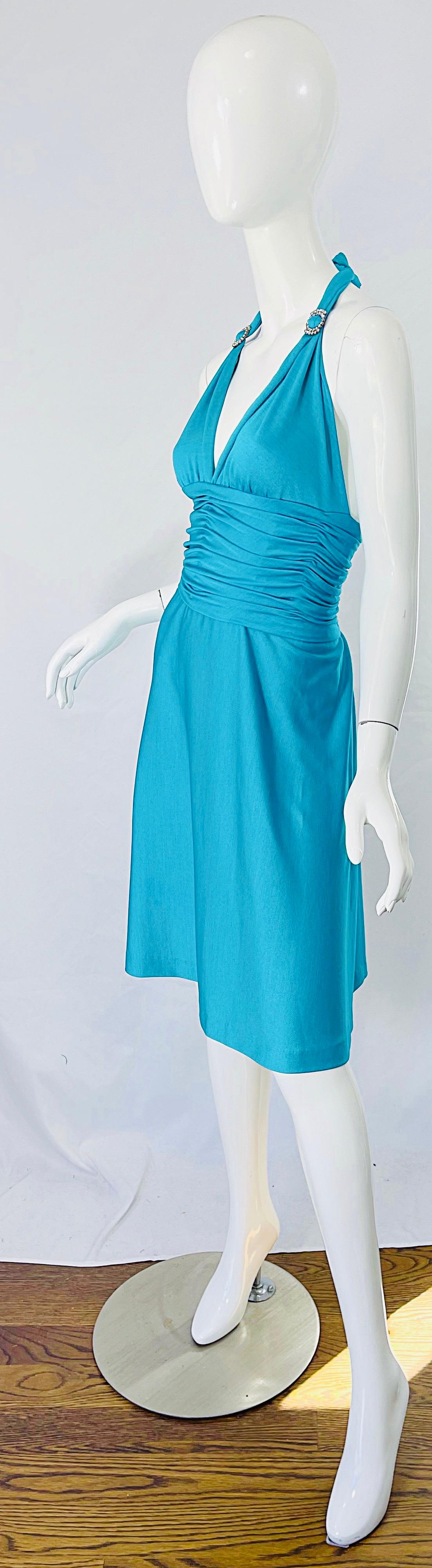 1970s Loris Azzaro Couture Turquoise Blue Silk Jersey Rhinestone Vintage Dress For Sale 4