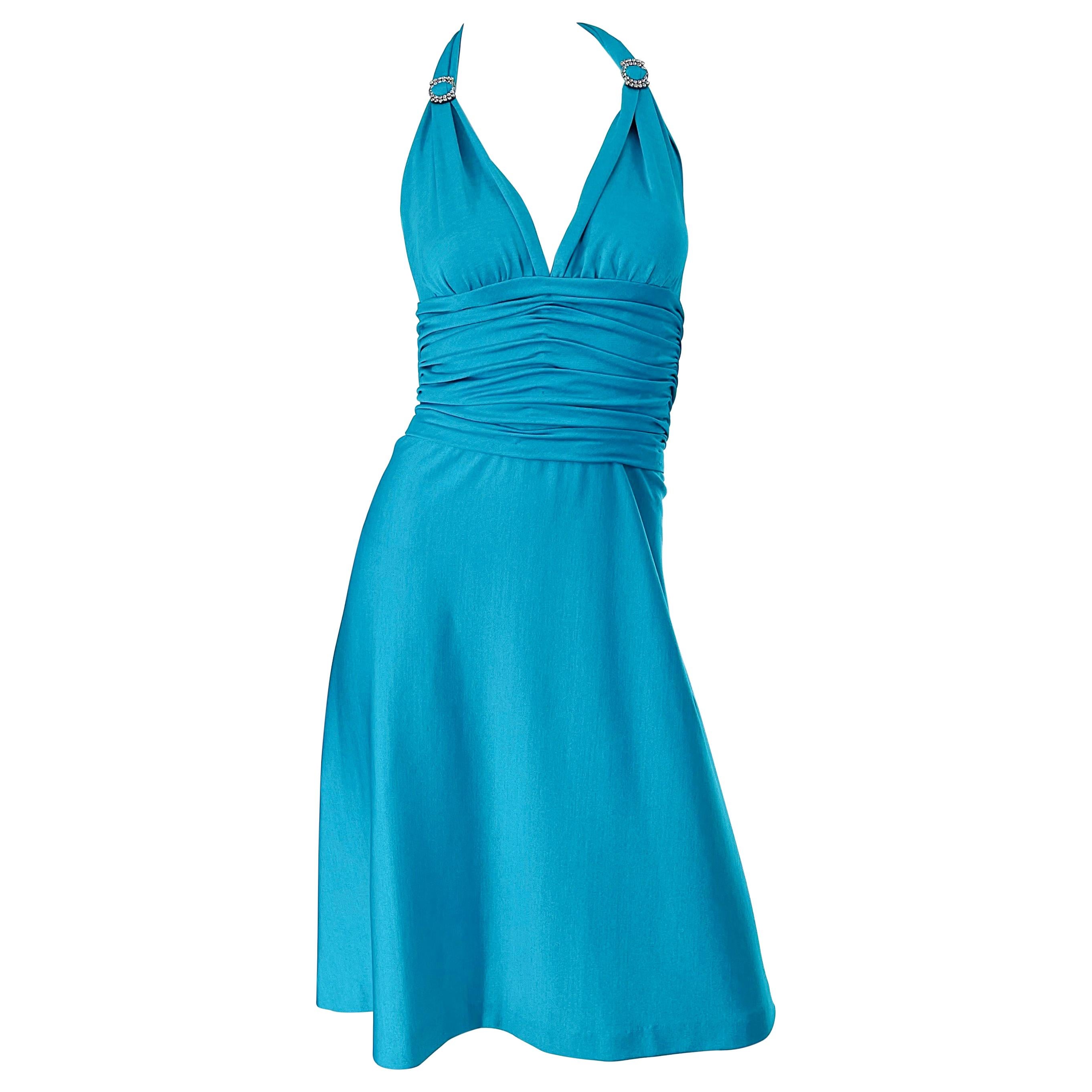 1970s Loris Azzaro Couture Turquoise Blue Silk Jersey Rhinestone Vintage Dress