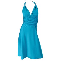 1970s Loris Azzaro Couture Turquoise Blue Silk Jersey Rhinestone Retro Dress