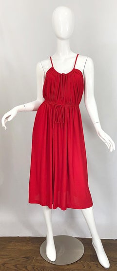 1970s Loris Azzaro Crimson Red Silk Jersey Grecian Inspired Vintage 70s Dress