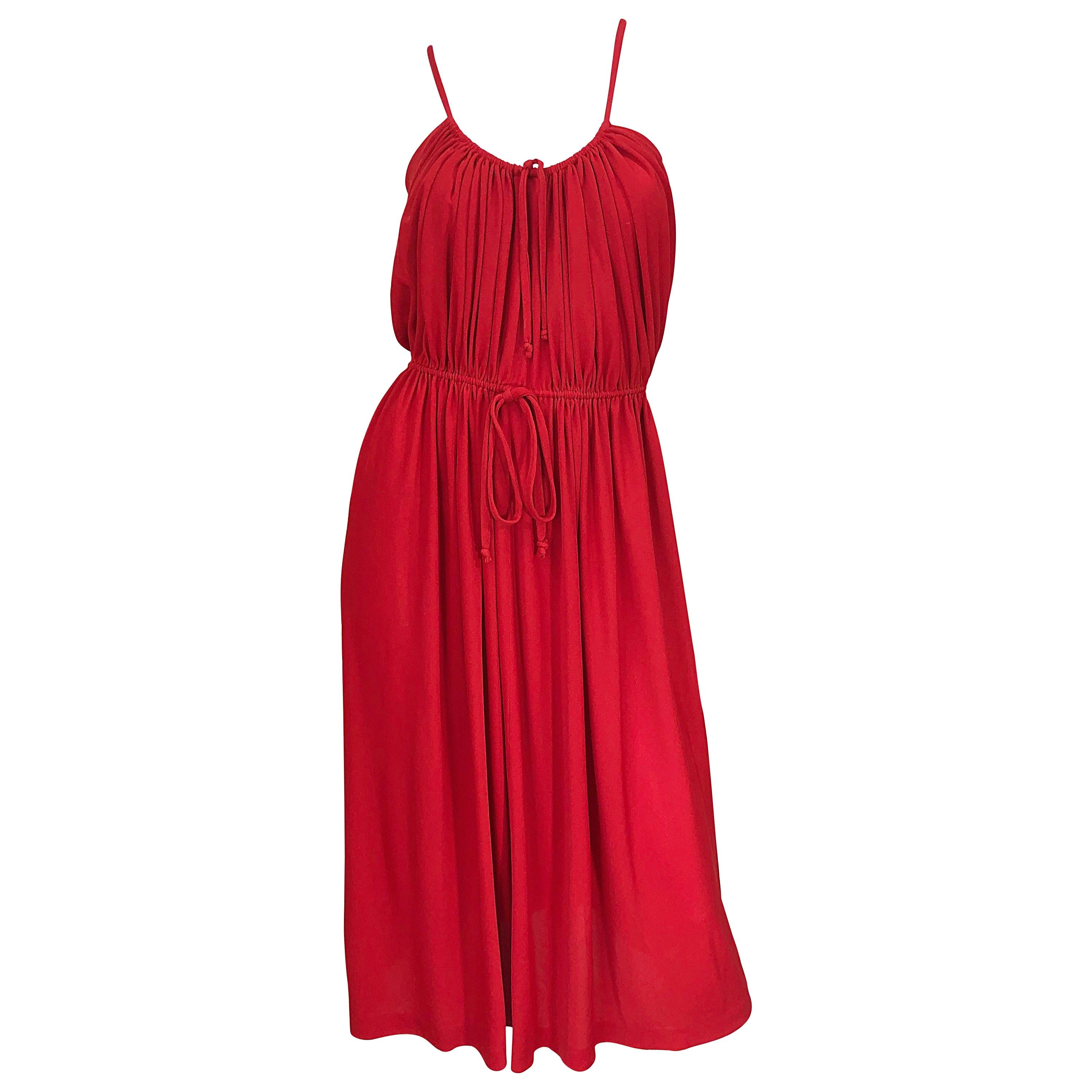 1970s Loris Azzaro Crimson Red Silk Jersey Grecian Inspired Vintage 70s Dress For Sale