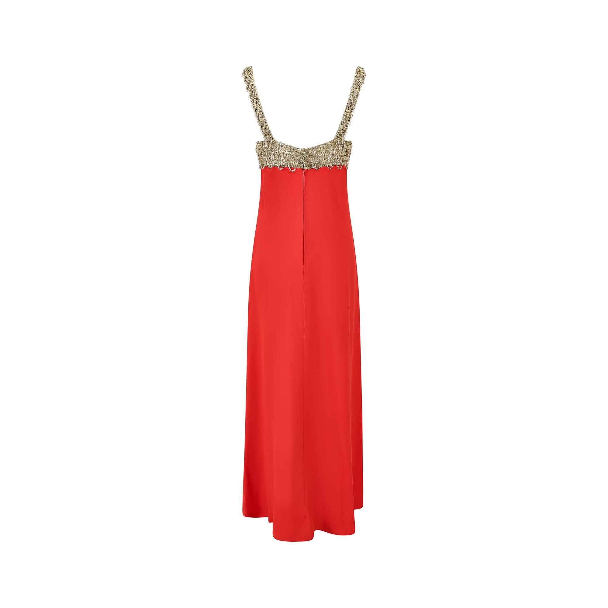 Women's 1970s Loris Azzaro Gold Chain and Red Crepe Maxi Dress For Sale