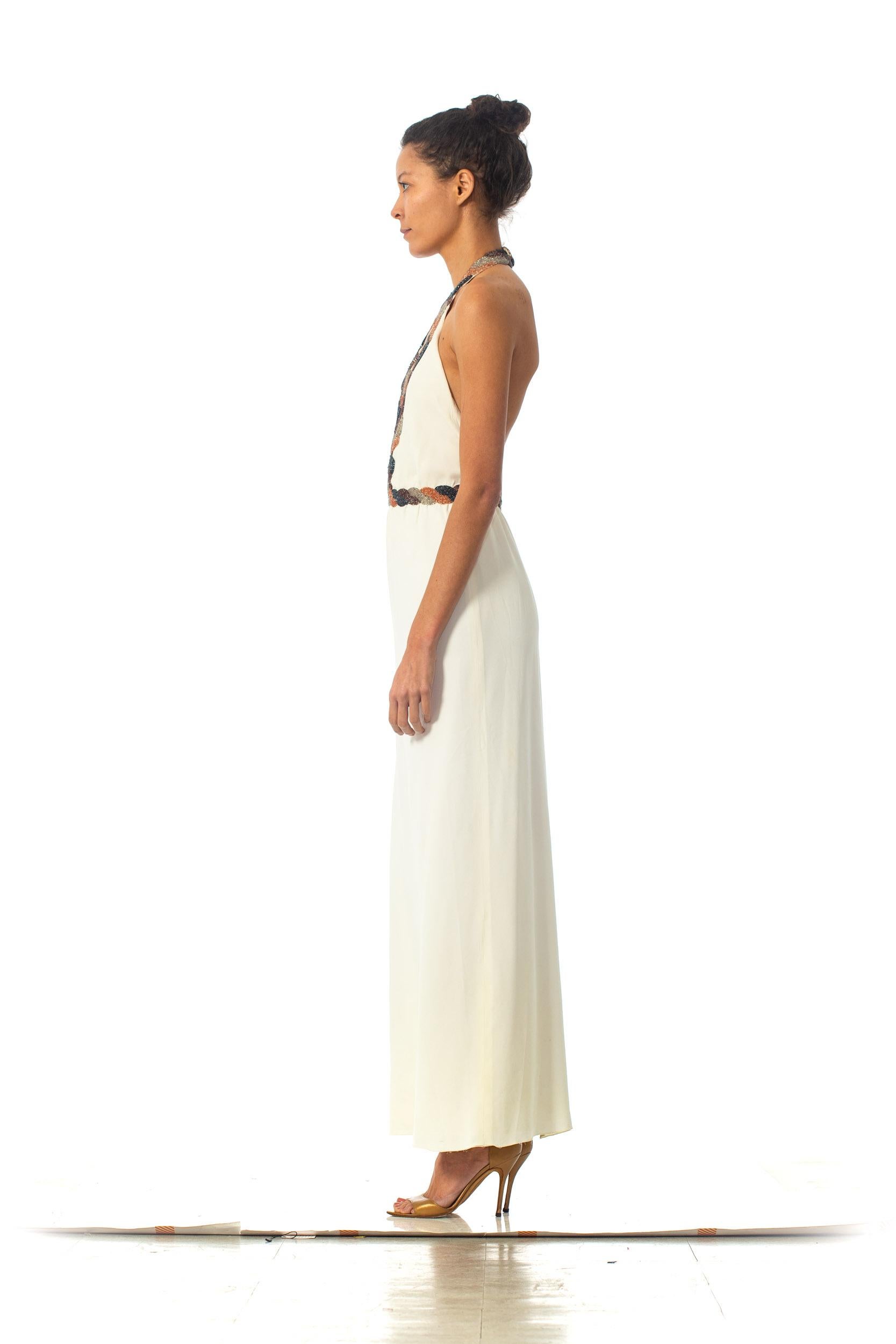 Beige 1970S Loris Azzaro Ivory Hand Beaded Silk Crepe Backless Halter Gown With Cut-Ou