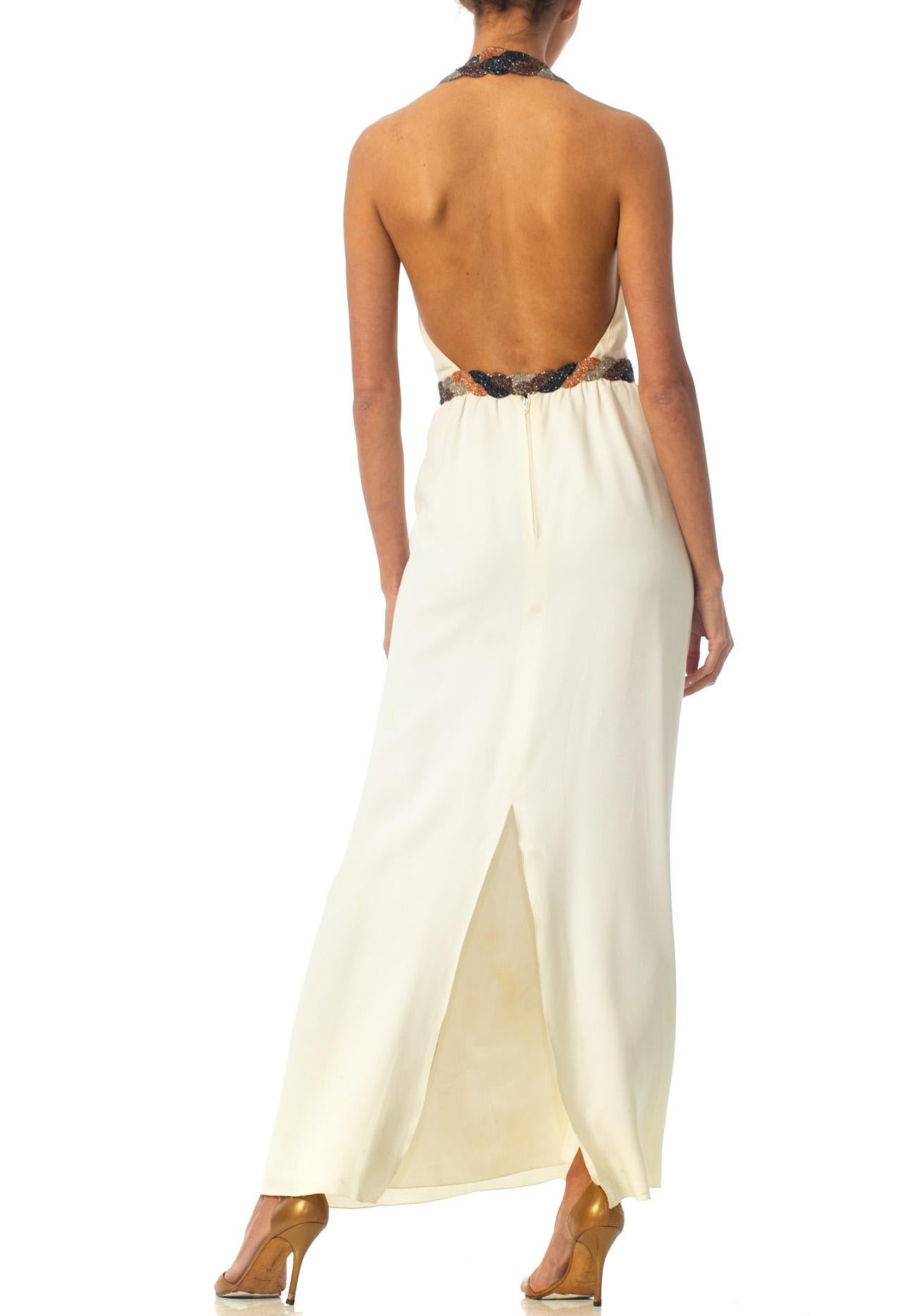 1970S Loris Azzaro Ivory Hand Beaded Silk Crepe Backless Halter Gown With Cut-Ou 2