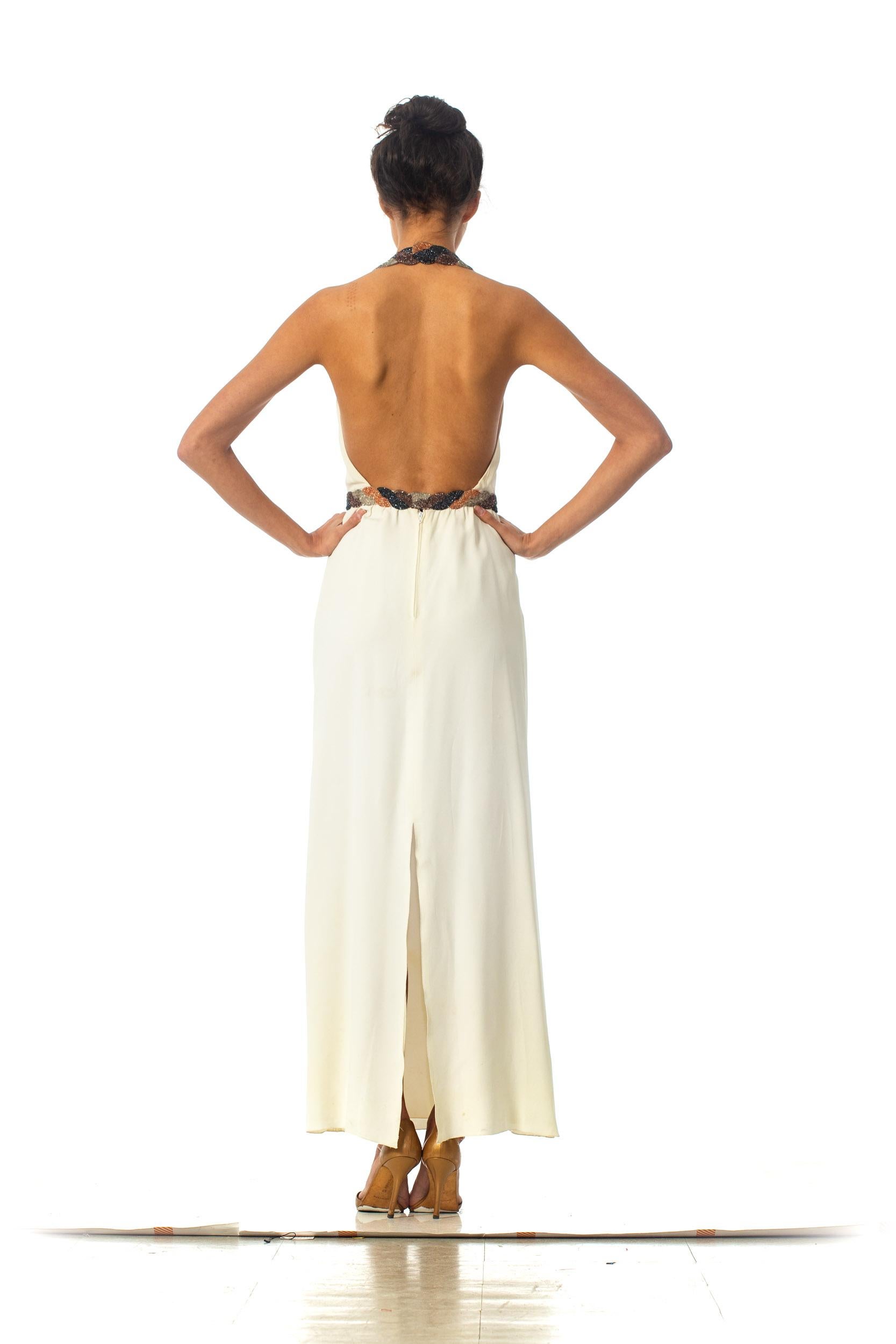 1970S Loris Azzaro Ivory Hand Beaded Silk Crepe Backless Halter Gown With Cut-Ou 3