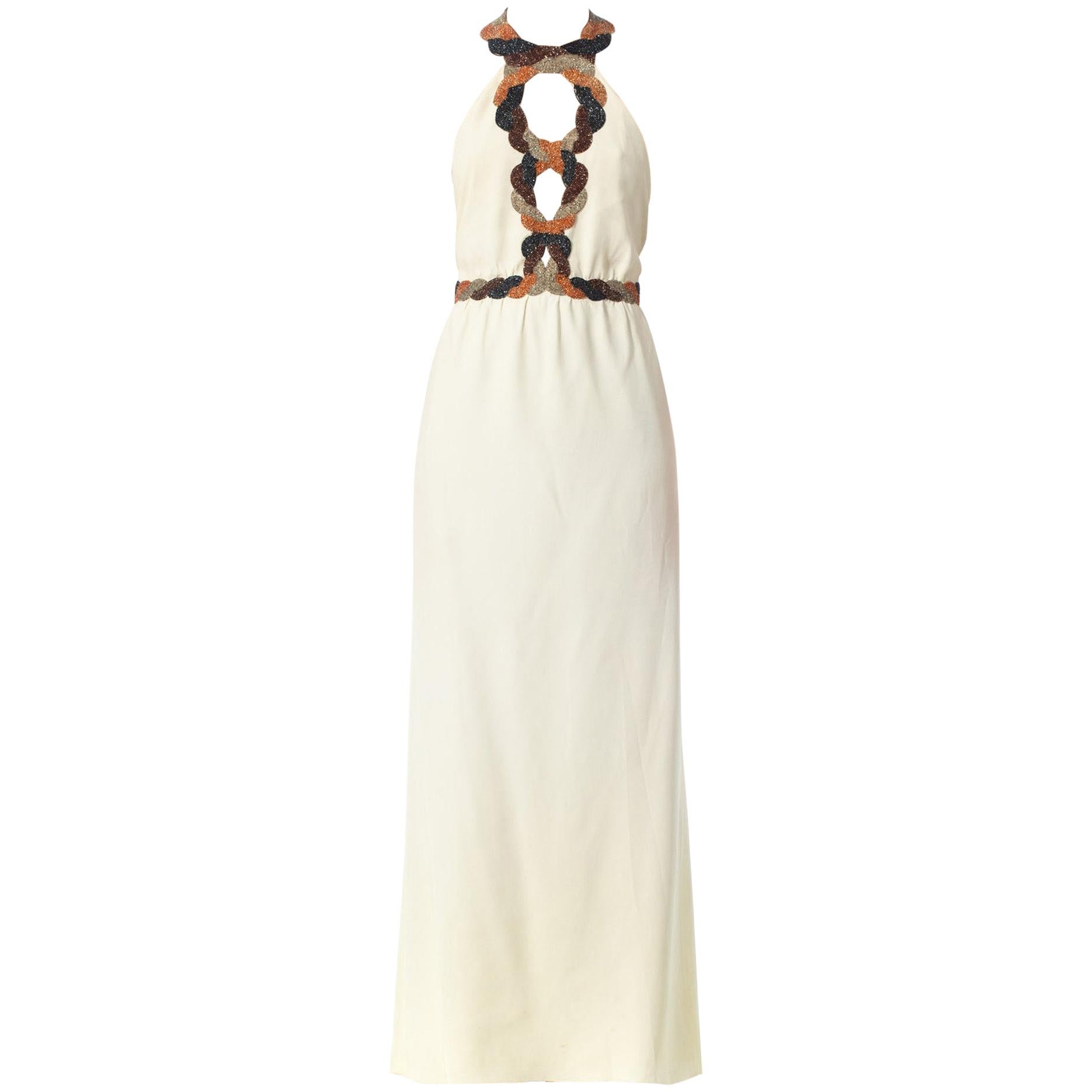 1970S Loris Azzaro Ivory Hand Beaded Silk Crepe Backless Halter Gown With Cut-Ou