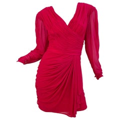 Minivestido 70s Loris Azzaro rojo carmín de seda y gasa de manga larga