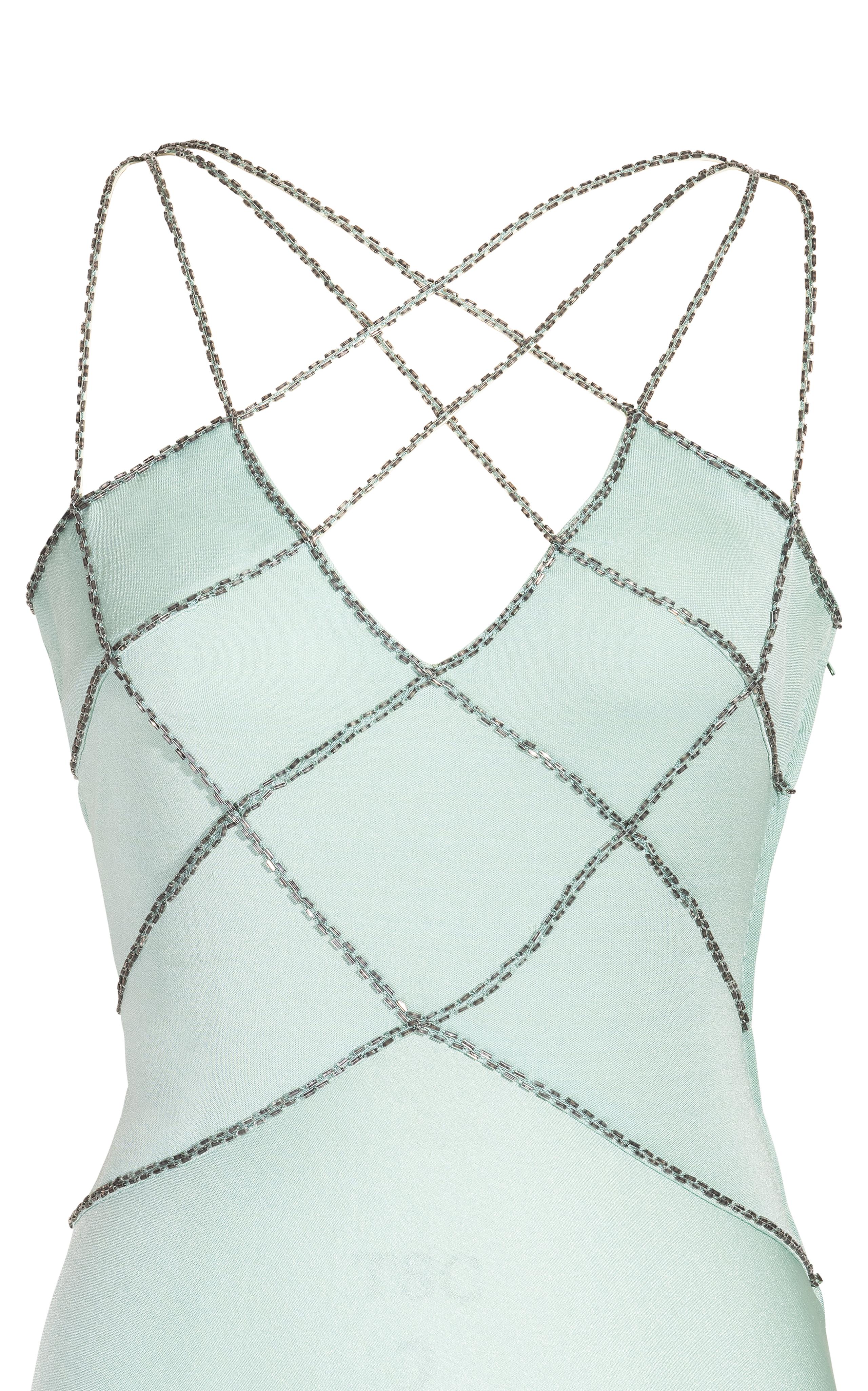 Women's 1970's Loris Azzaro Mint Gown with Beaded Cage