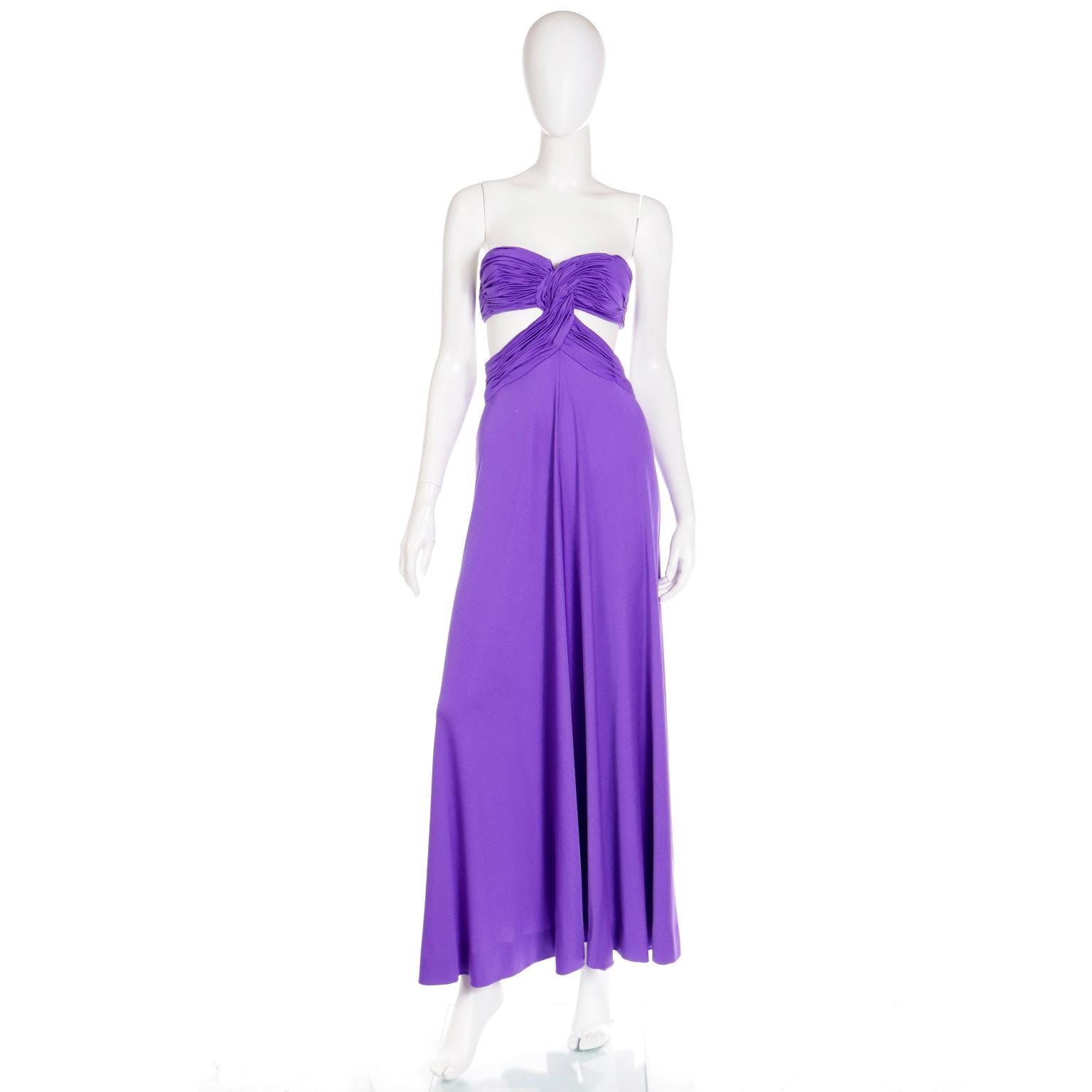 This sensational vintage Loris Azzaro purple jersey strapless evening dress is so incredible!  This dress has so many stunning details including a finely pleated bra style bodice The plisse pleating extends down to the waist and goes around to the