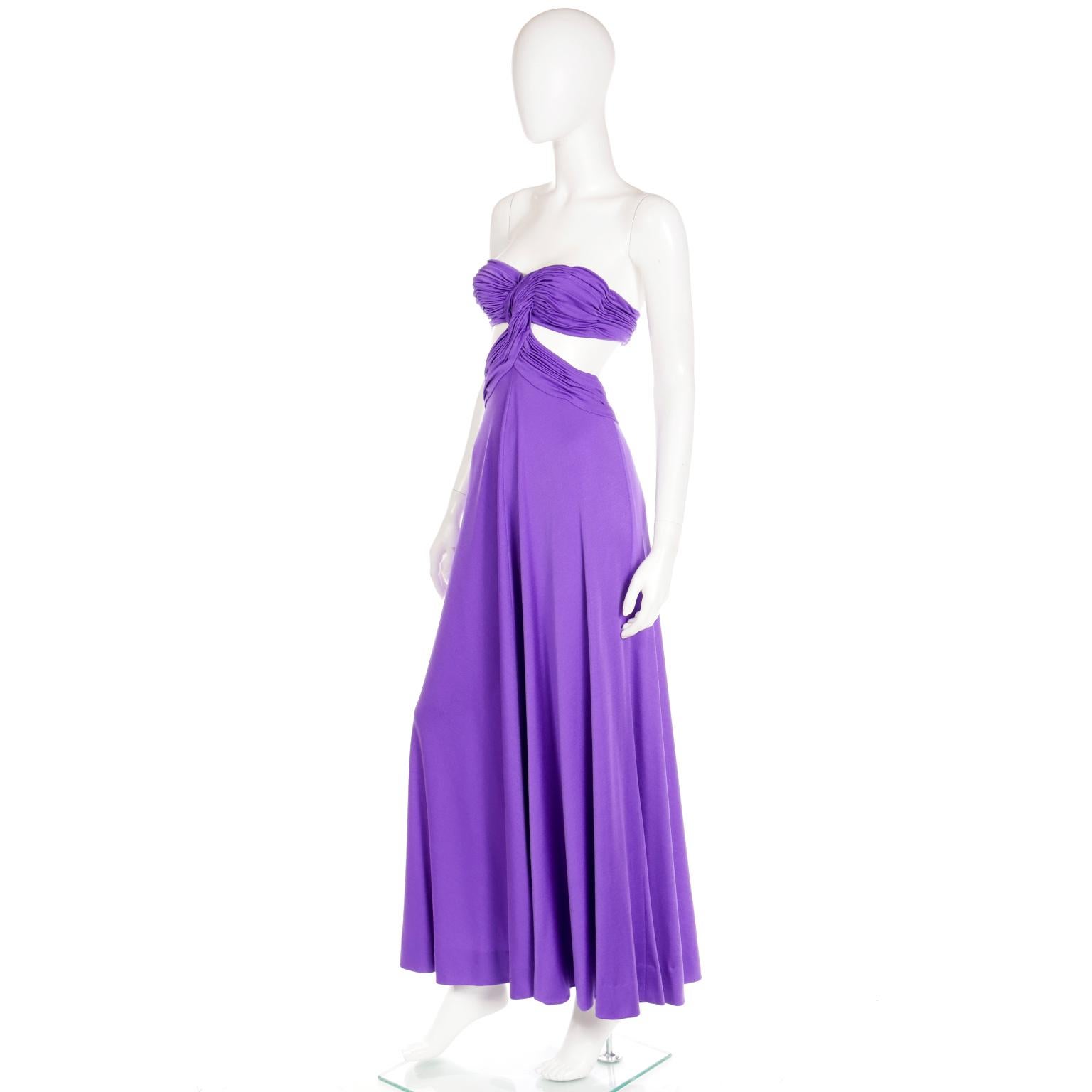 1970s Loris Azzaro Strapless Purple Cutout Bra Top Long Vintage Evening Dress In Excellent Condition For Sale In Portland, OR