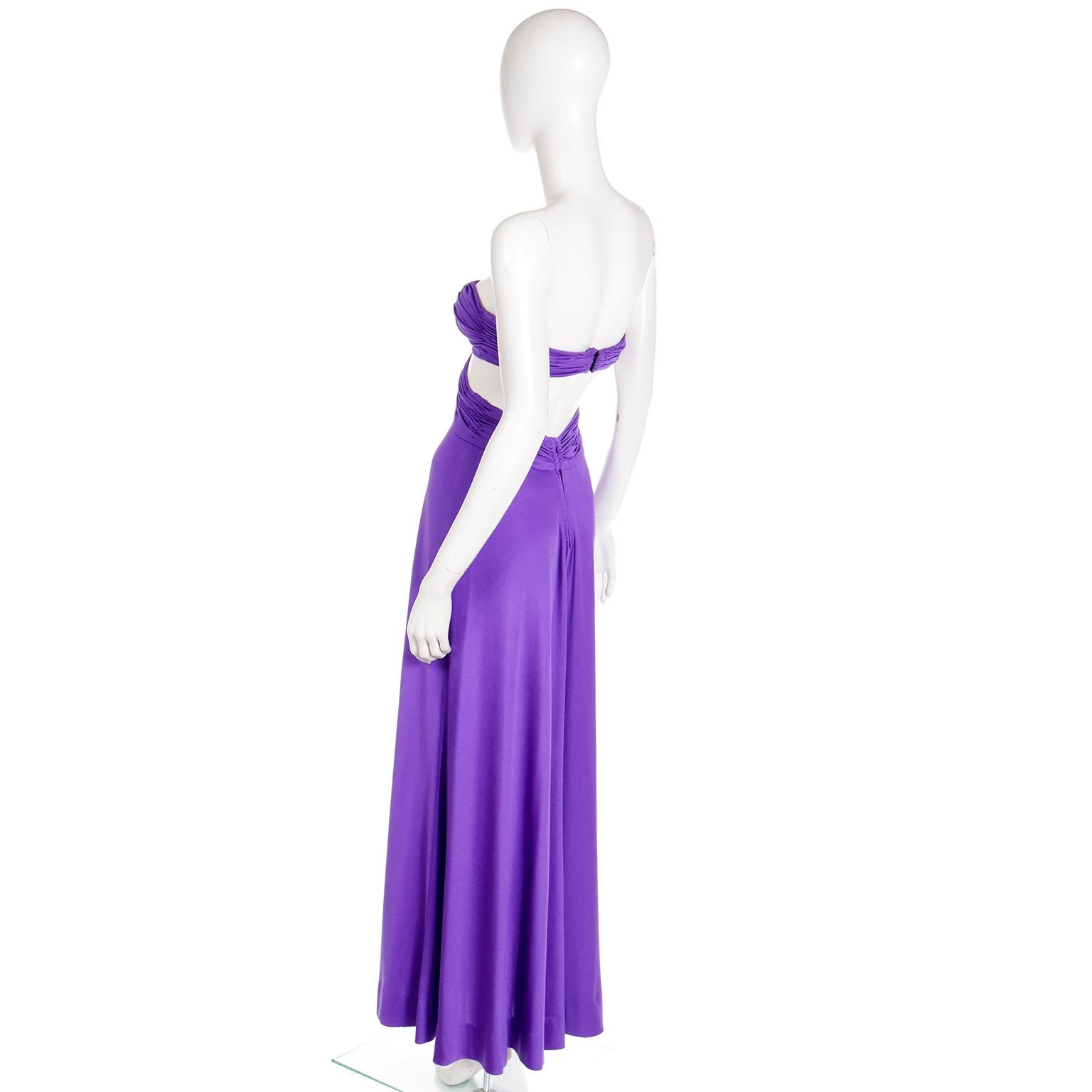 Women's 1970s Loris Azzaro Strapless Purple Cutout Bra Top Long Vintage Evening Dress For Sale