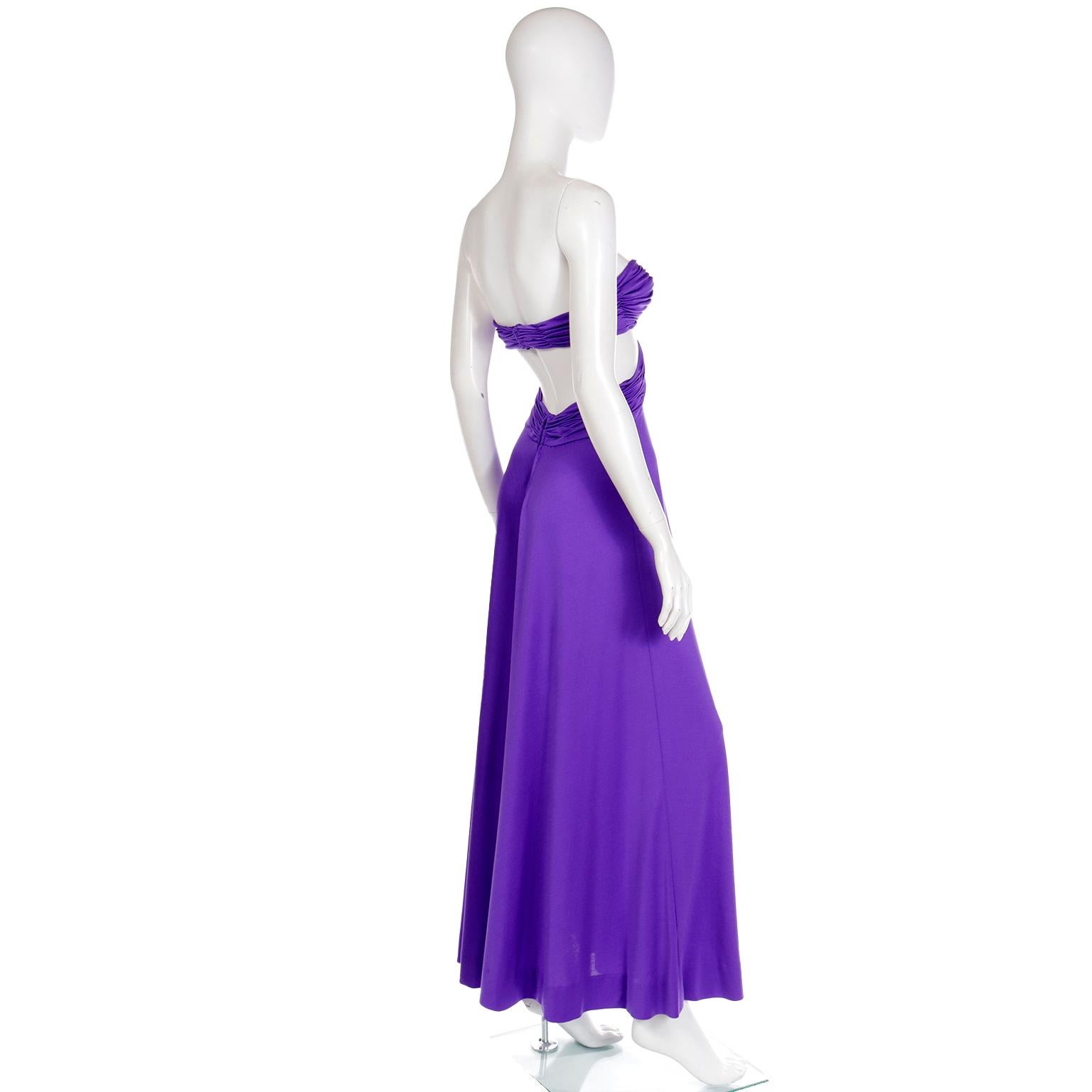 1970s Loris Azzaro Strapless Purple Cutout Bra Top Long Vintage Evening Dress For Sale 2