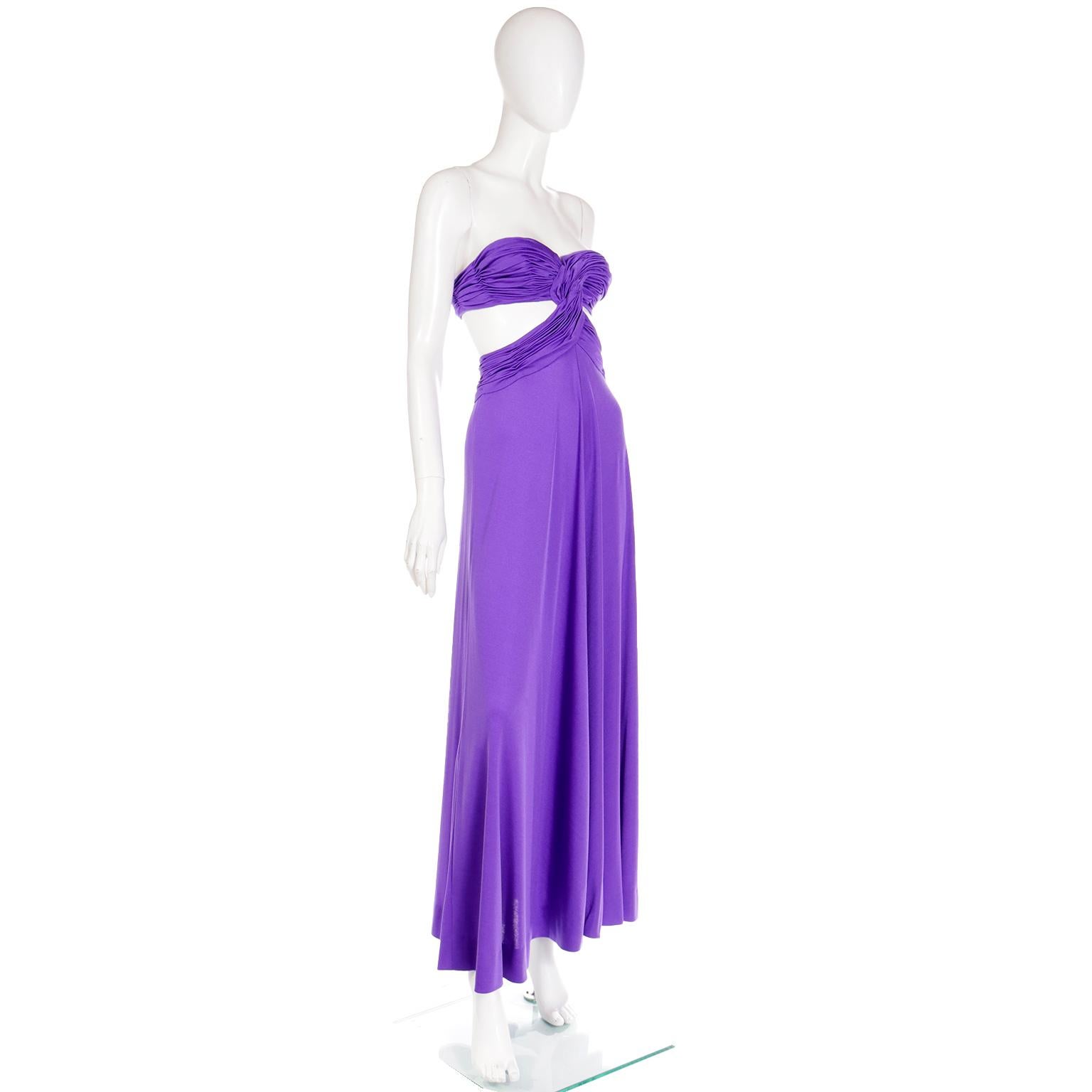 1970s Loris Azzaro Strapless Purple Cutout Bra Top Long Vintage Evening Dress For Sale 3