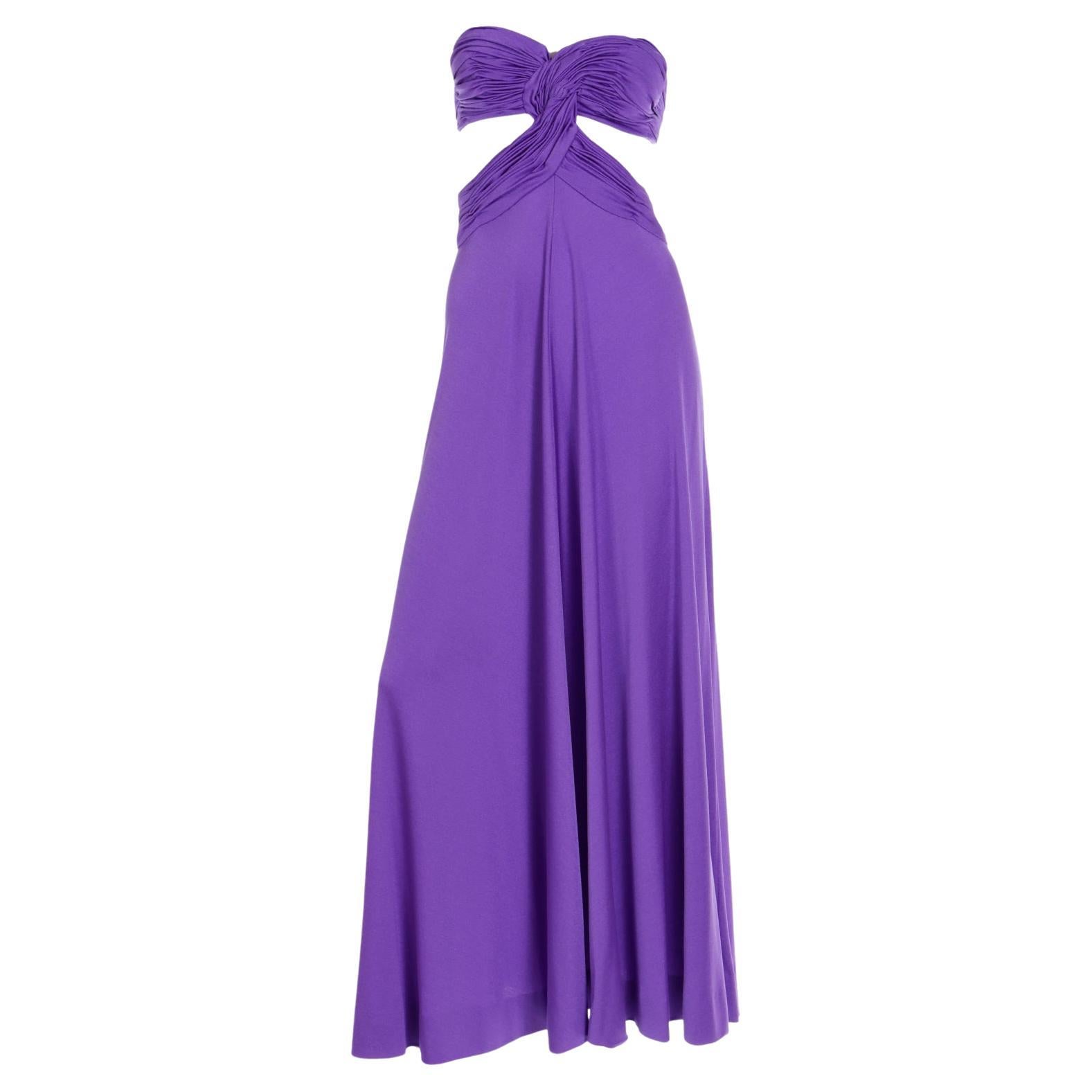 Loris Azzaro - Robe de soirée vintage longue sans bretelles à découpes violettes des années 1970 en vente