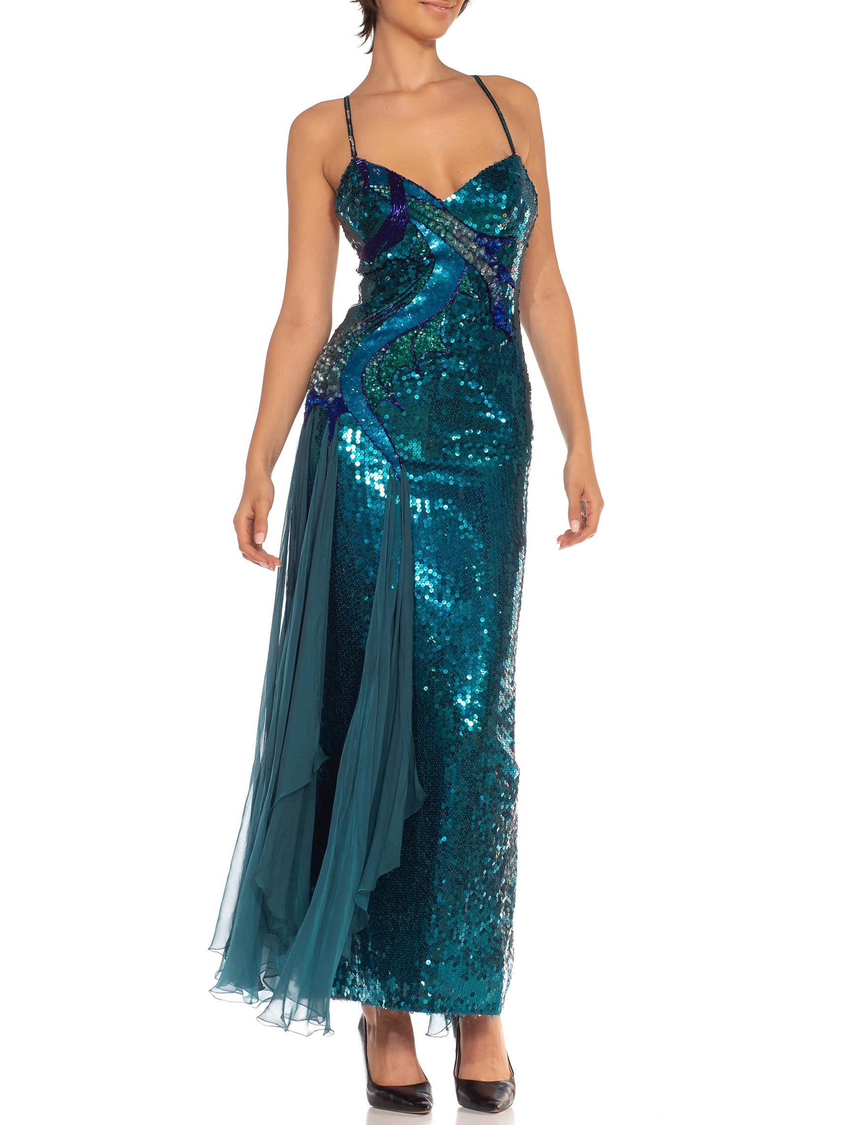 1970S Loris Azzaro Teal Metallic Silk Chiffon Sequin Beaded Sea Goddess  Gown In Excellent Condition For Sale In New York, NY