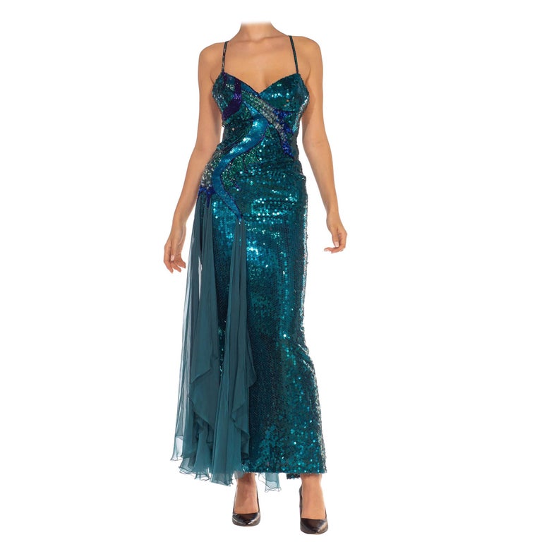1970s Loris Azzaro Teal Metallic Silk Chiffon Sequin Beaded Sea Goddess Gown