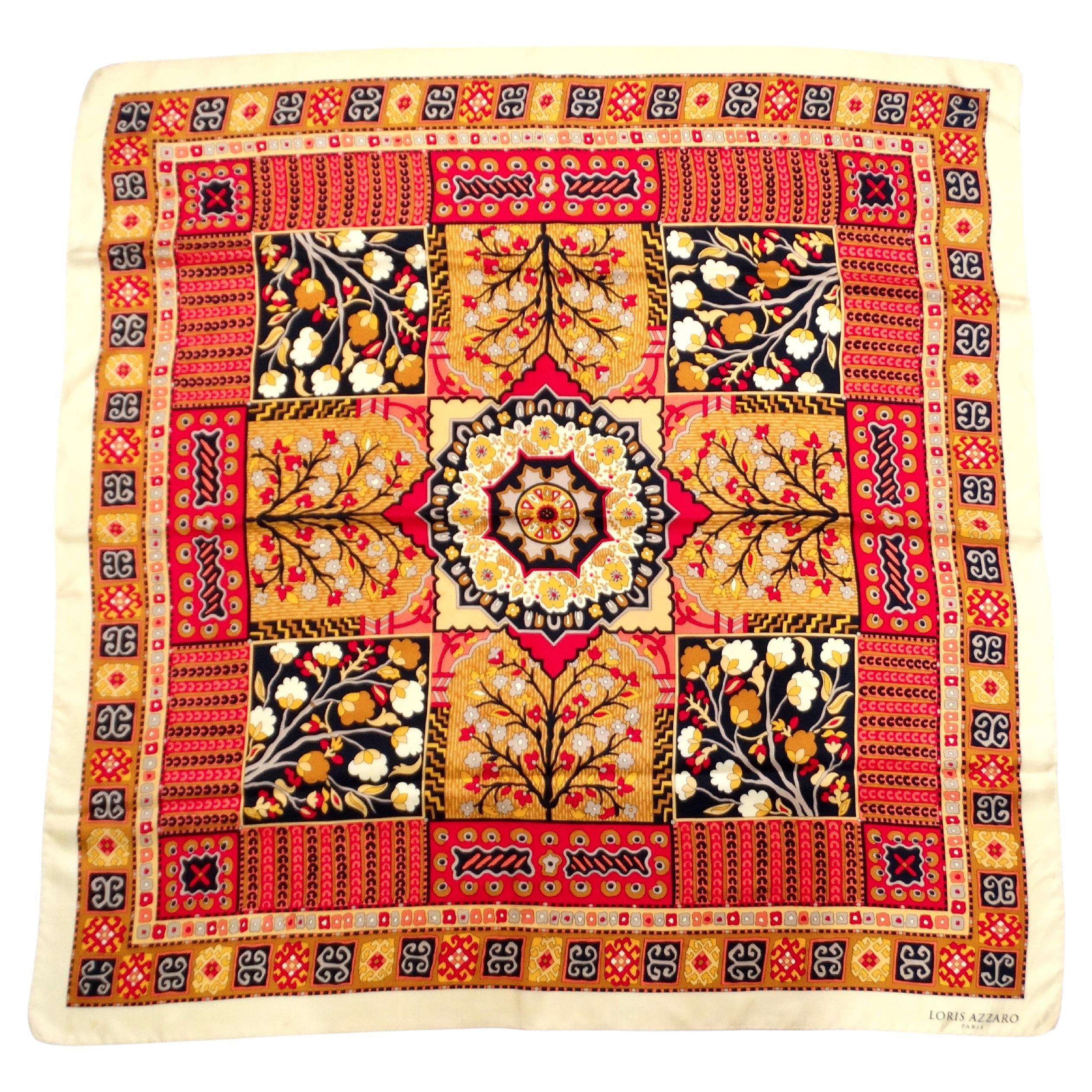 1970s Loris Azzaro "Tree Of Life" Warm Print Silk Scarf For Sale
