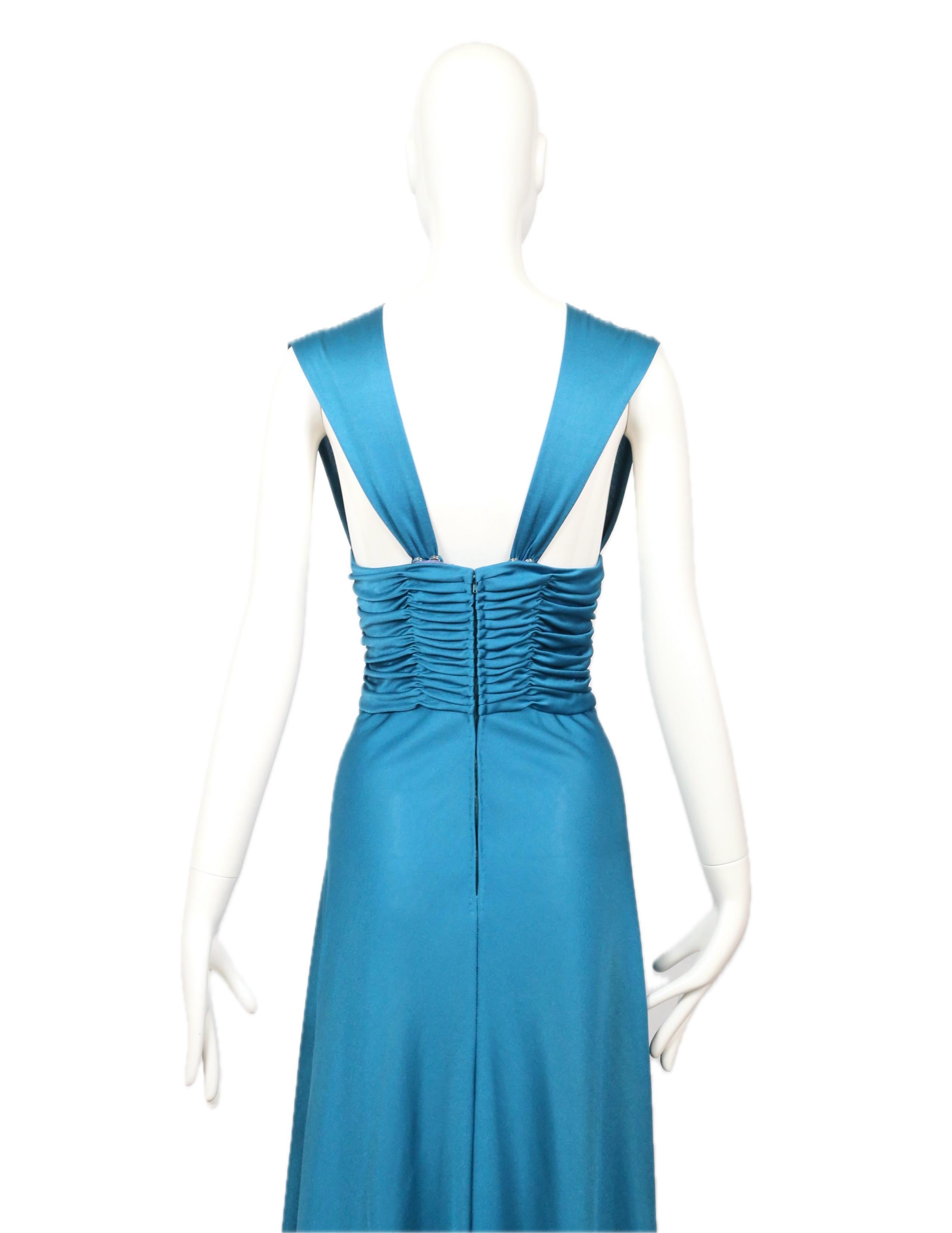 1970's LORIS AZZARO turquoise jersey dress with ruching 6