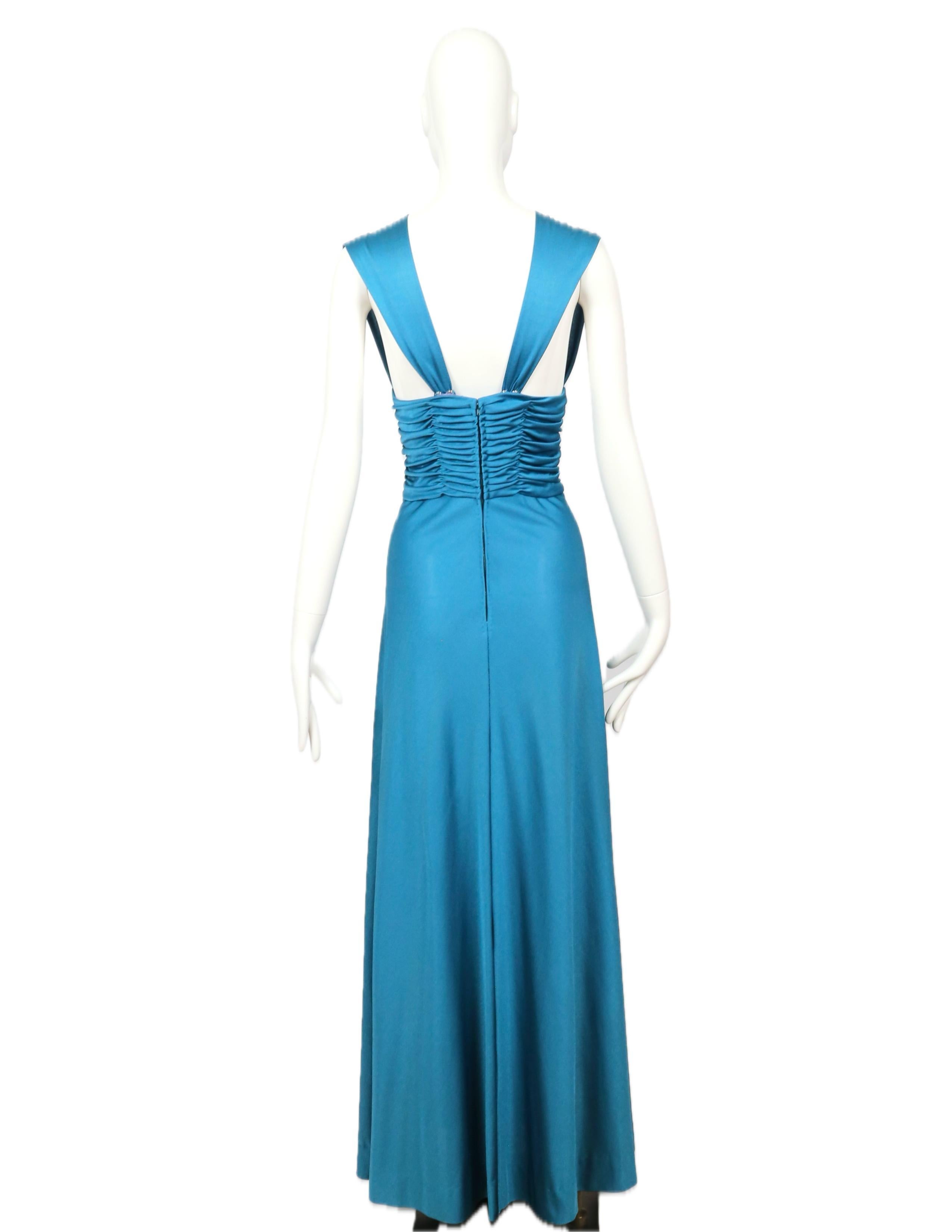 1970's LORIS AZZARO turquoise jersey dress with ruching 7