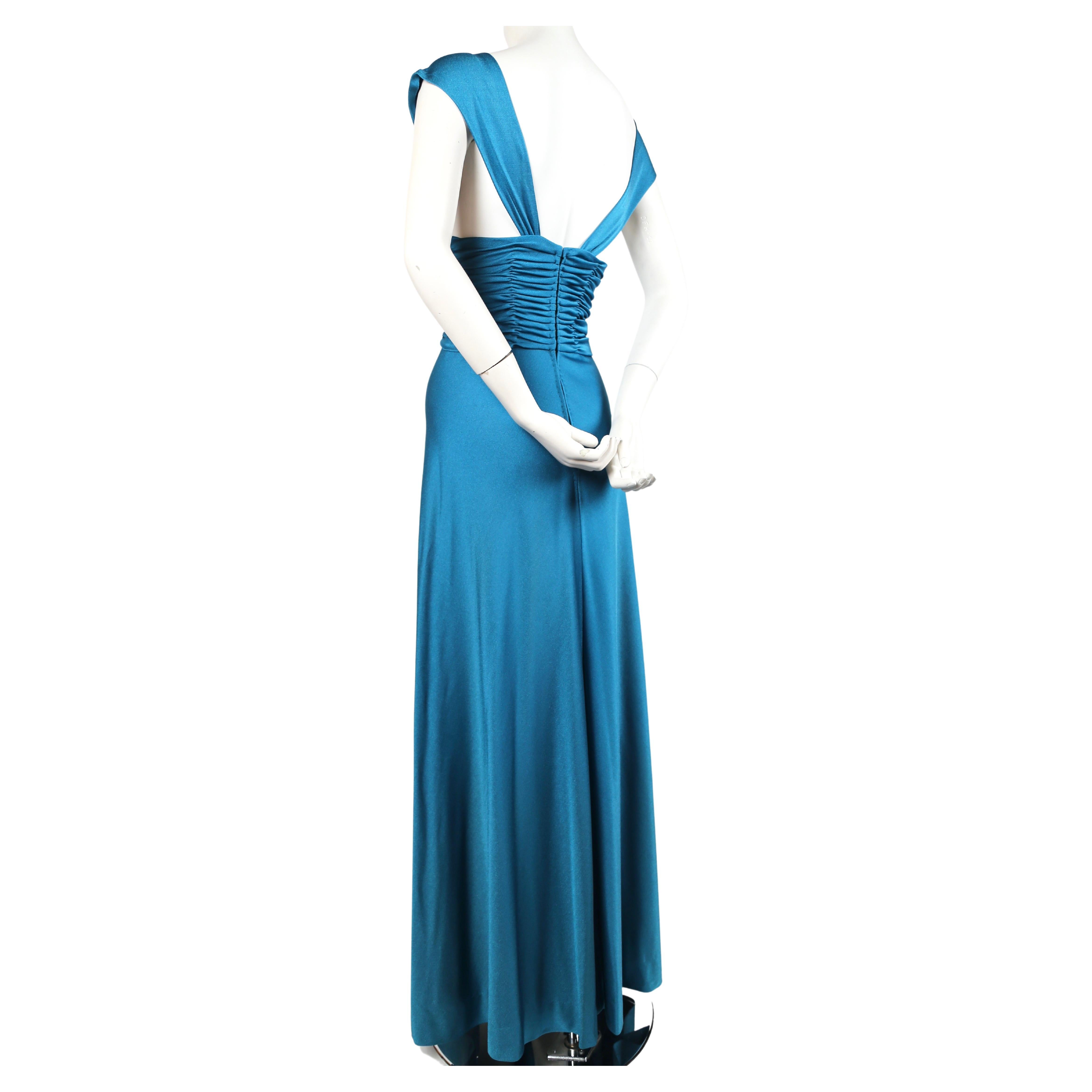 1970's LORIS AZZARO turquoise jersey dress with ruching In Good Condition For Sale In San Fransisco, CA