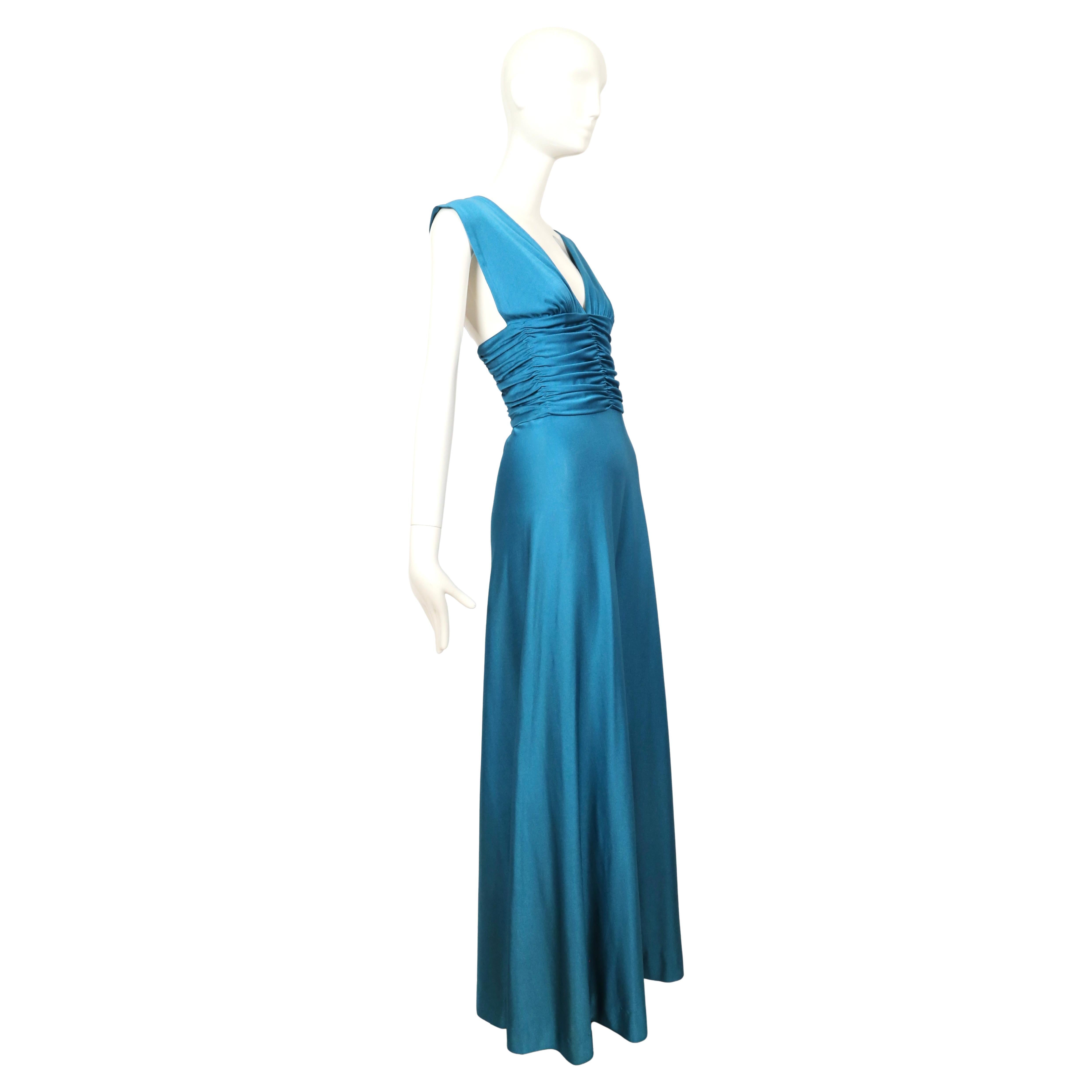 Blue 1970's LORIS AZZARO turquoise jersey dress with ruching
