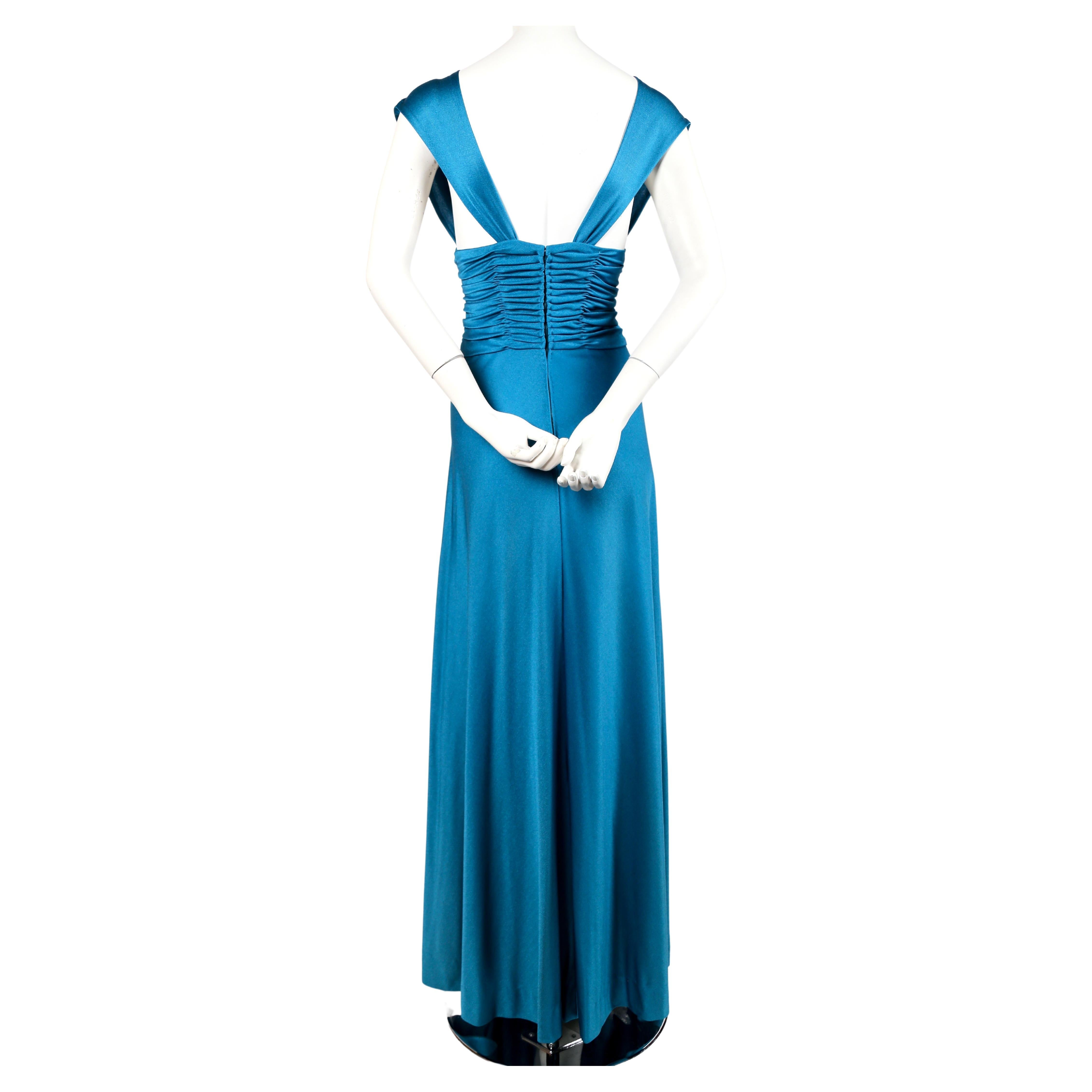 Women's or Men's 1970's LORIS AZZARO turquoise jersey dress with ruching For Sale