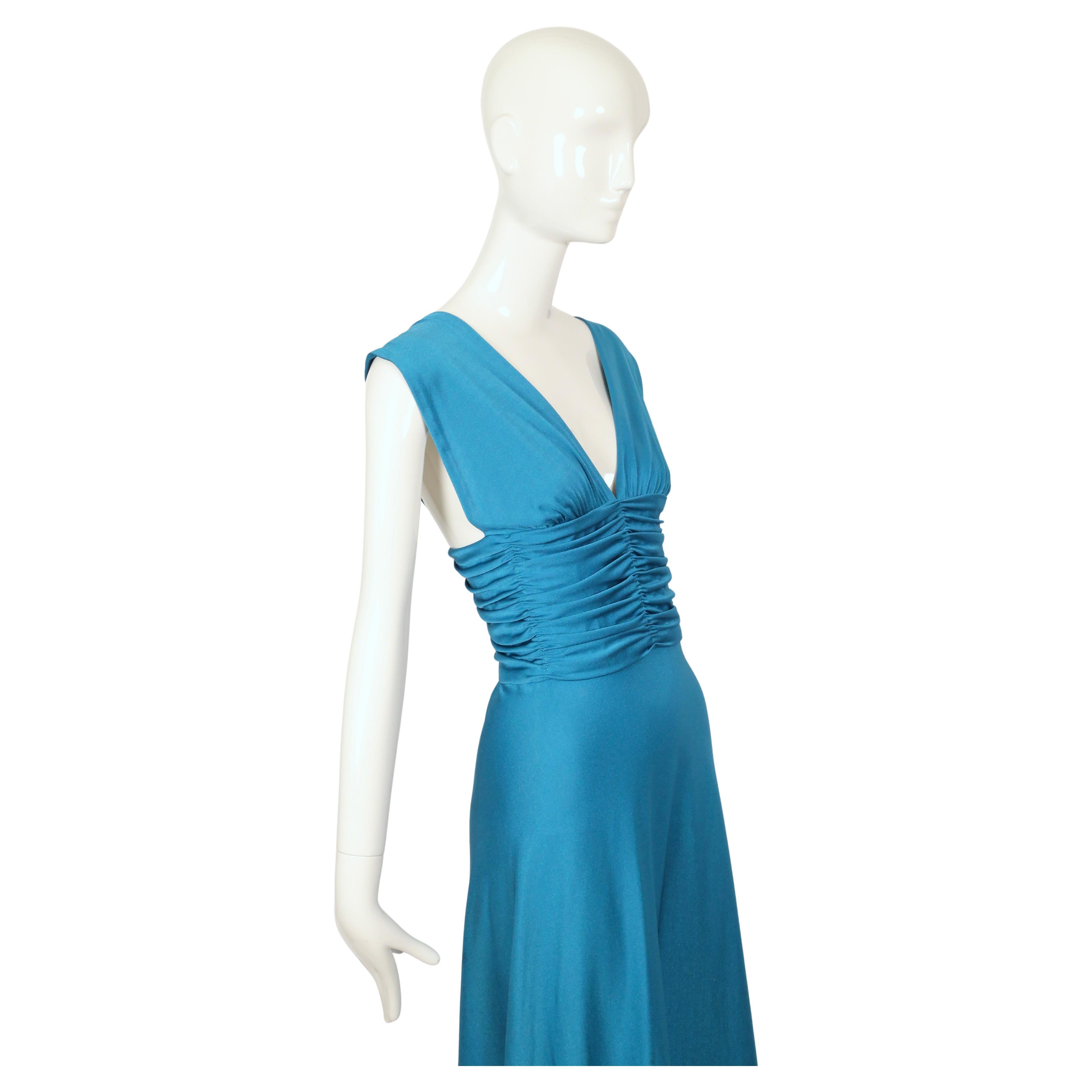1970's LORIS AZZARO turquoise jersey dress with ruching In Good Condition In San Fransisco, CA